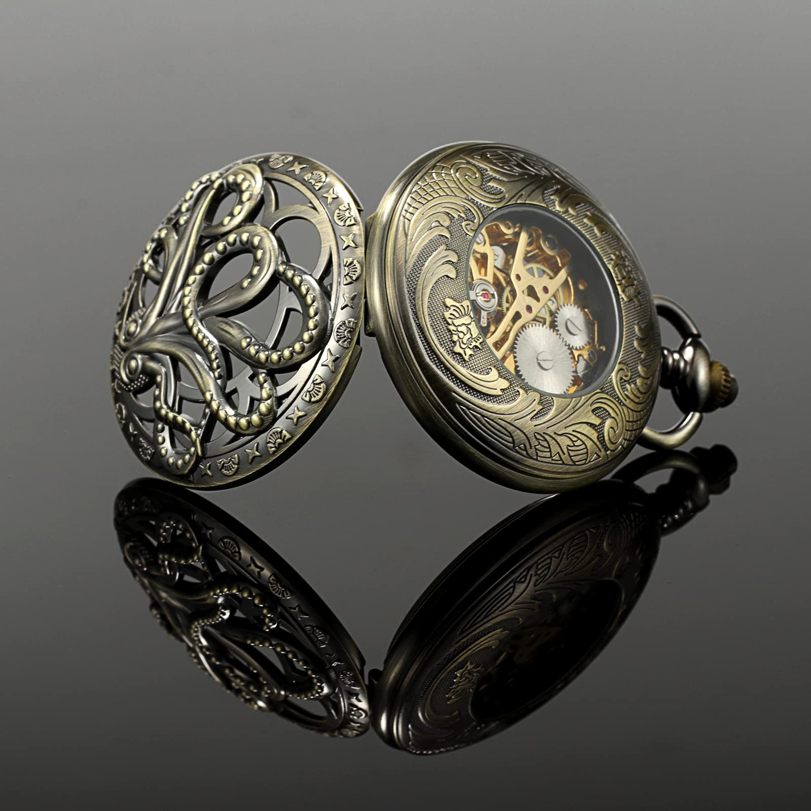 TREEWETO Montre de Poche Mécanique Unisexe pour Homme avec Squelette et Chiffres Romains avec Boîte Cadeau et Chaîne, Bronze