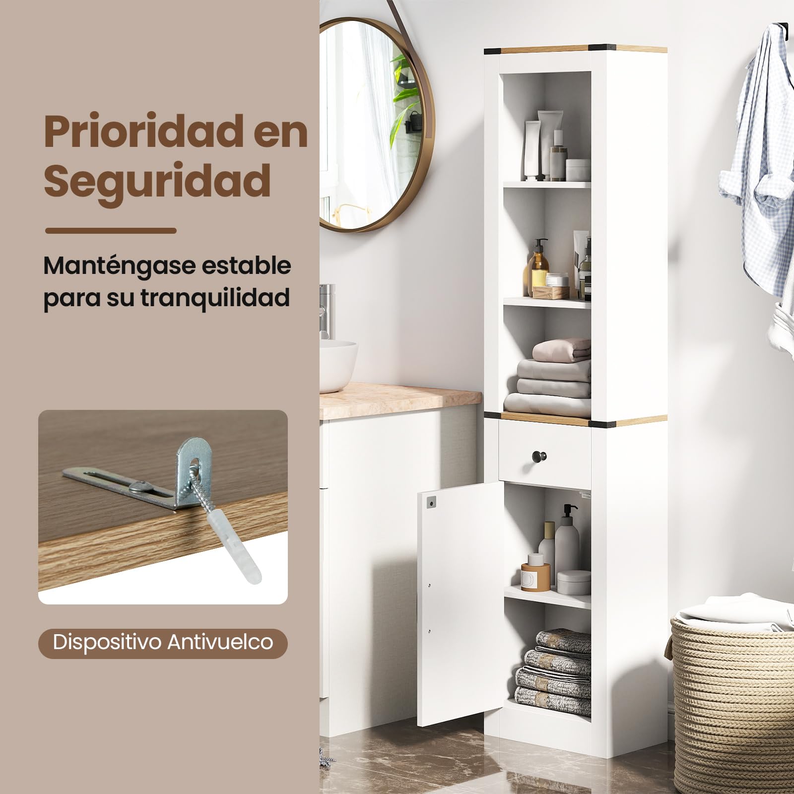 GIANTEX Armario Alto de Baño de 173 cm, Mueble Columna con 3 Estantes, Cajón y Armario Inferior, Estante Ajustable, 40 x 24 x 173 cm, Mueble Organizador para Cocina, Salón