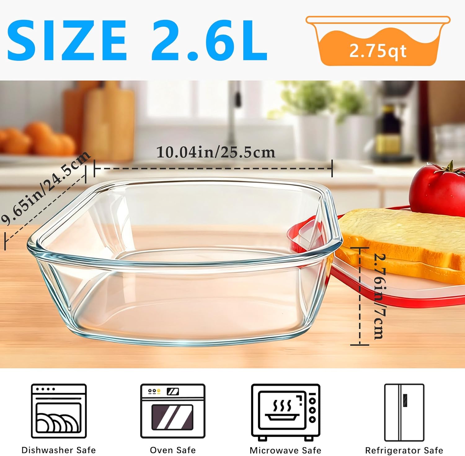 Glass Baking Dish - 2.75Qt Square 9x9 Baking Pan - Baking Pan With lid and Non-slip Mitts - Glass Baking Dishes For Oven