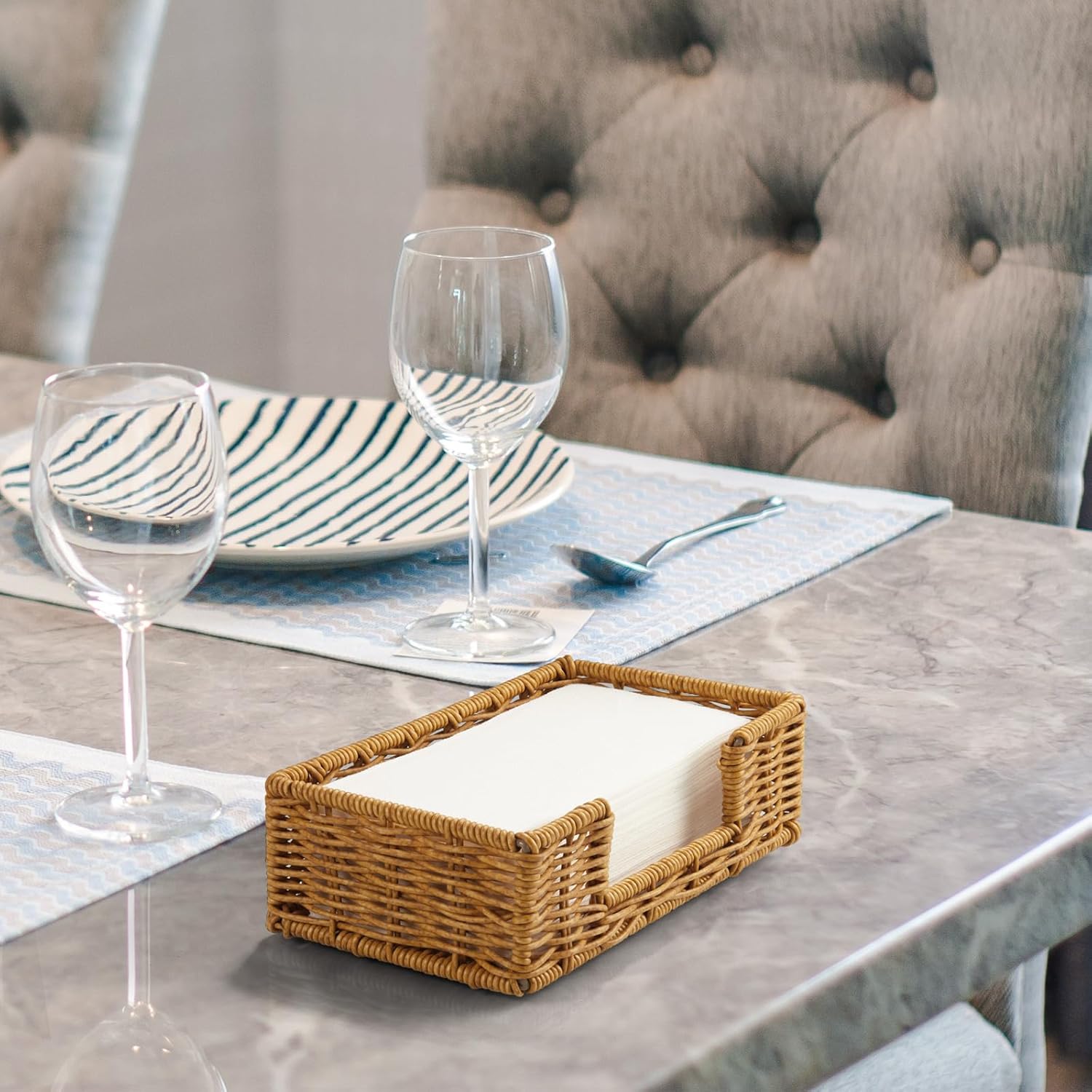 Napkin Holder for Bathroom, Woven Wicker Synthetic Rattan Guest Towel Holder Tray, Disposable Paper Hand Towel Holder for Bathroom Accessories, Dinner Napkin Holder for Kitchen Table Party - Image 5