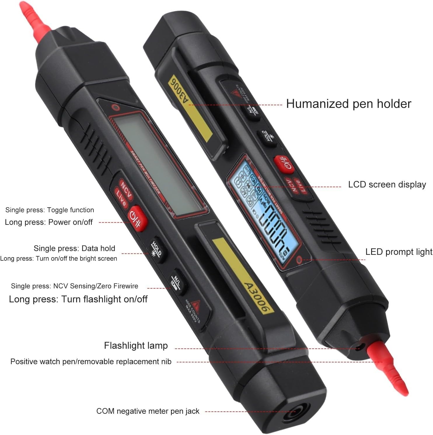 Detailed view of the A3006 multimeter showing LCD screen, buttons, flashlight, and pen holder
