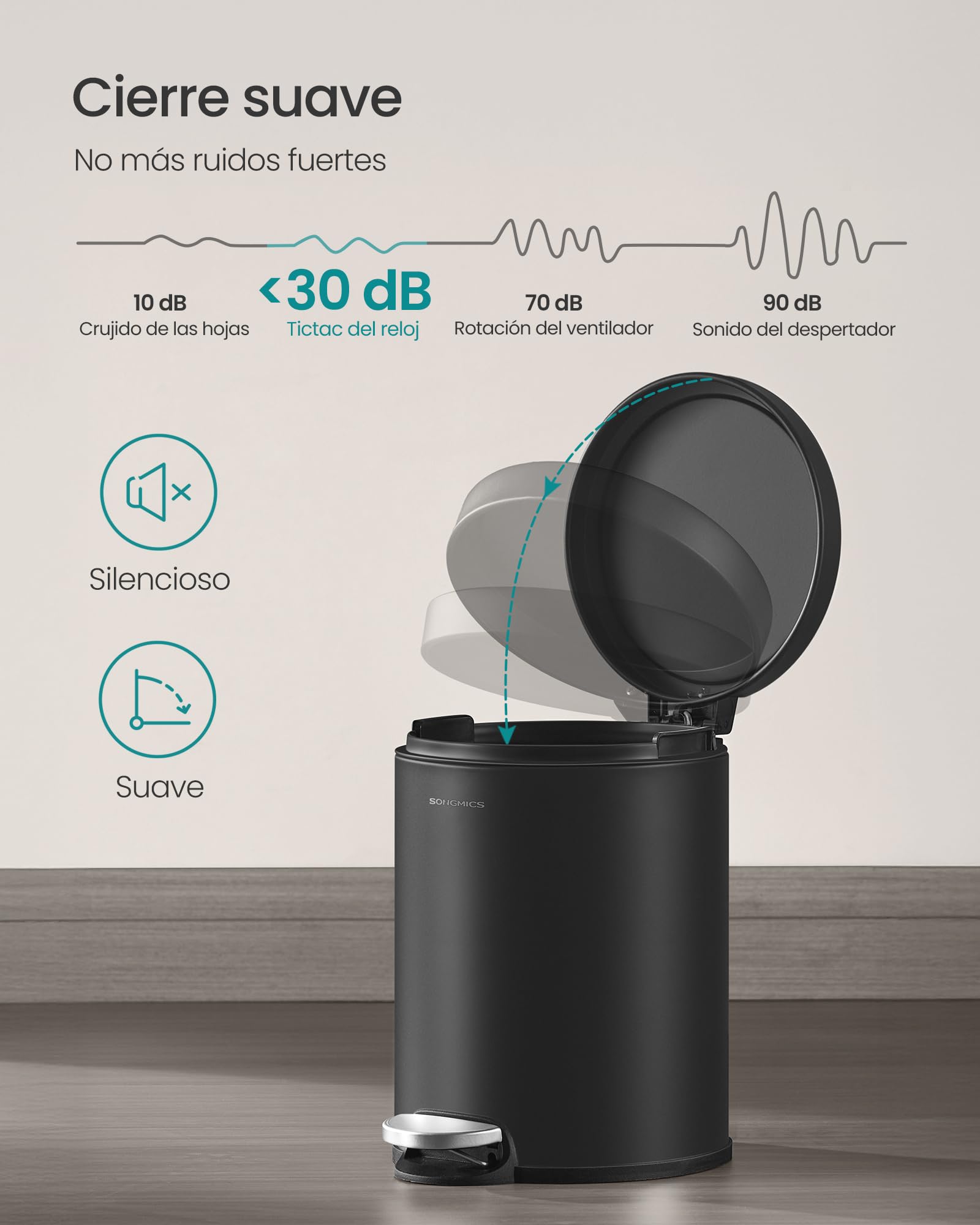 SONGMICS Cubo de Basura de Baño, 6 L, Cubo de Acero con Tapa de Cierre Suave, Cubo Interior, para Residuos, Dormitorio, Negro Tinta LTB016BZ02