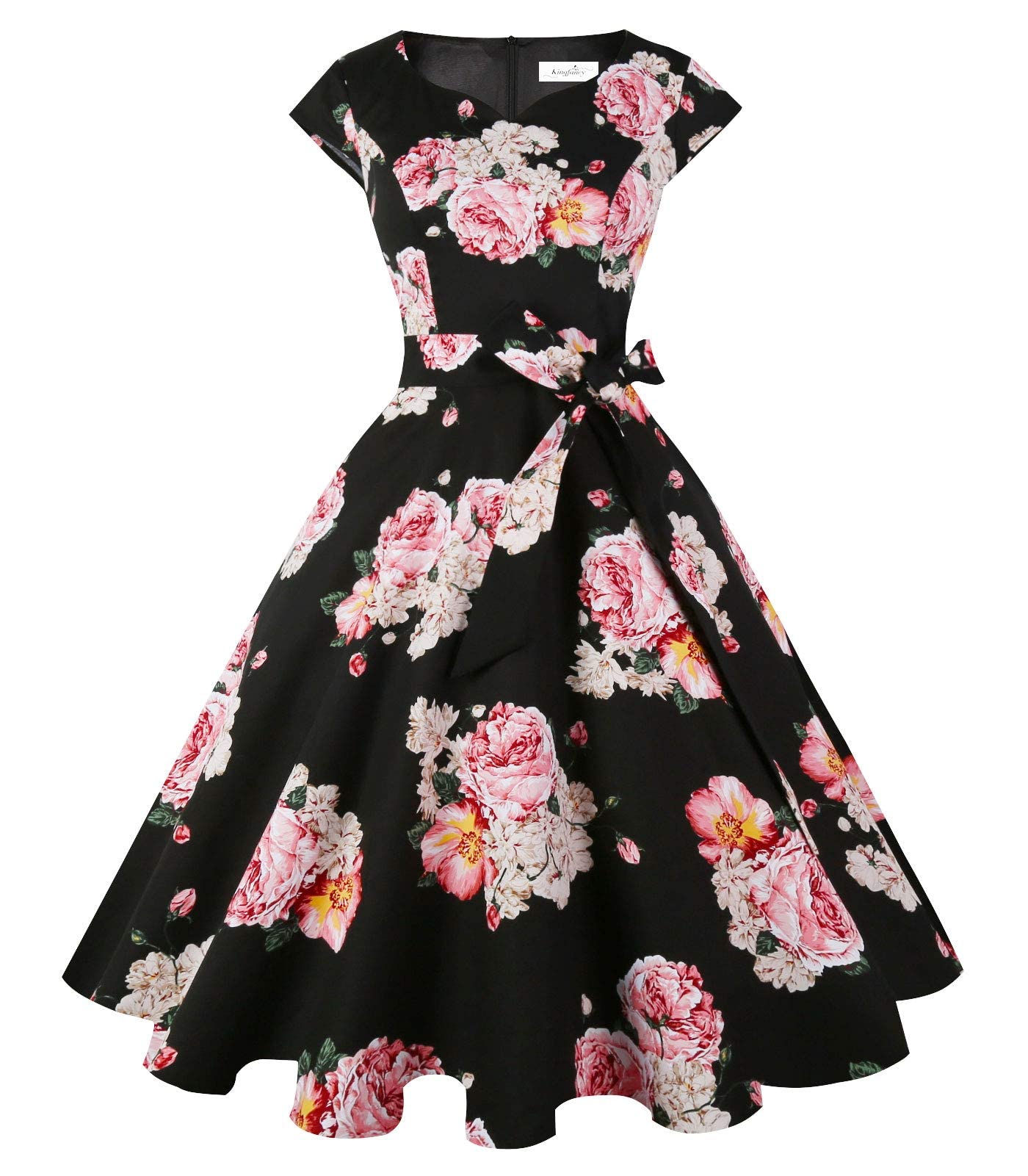 Kingfancy Women Vintage 1950s Dress Retro Cocktail Party Swing Dresses with Cap Sleeves