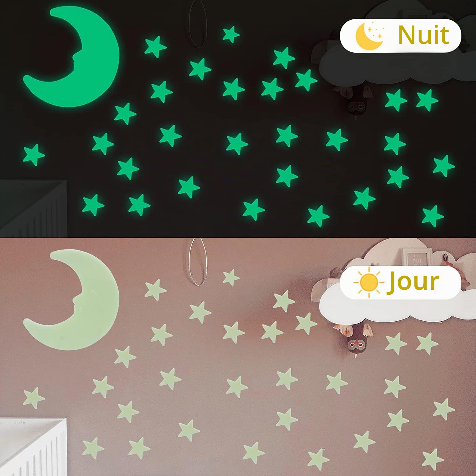 Étoiles et Lune Kit, CAYUDEN 3D Phosphorescentes Adhésives 200 Pièces Fluorescentes pour Décoration Murale Lumineuse Idéal mur Plafond, Cadeau Bébé Enfant, Etoile Phosphorescente Plafond