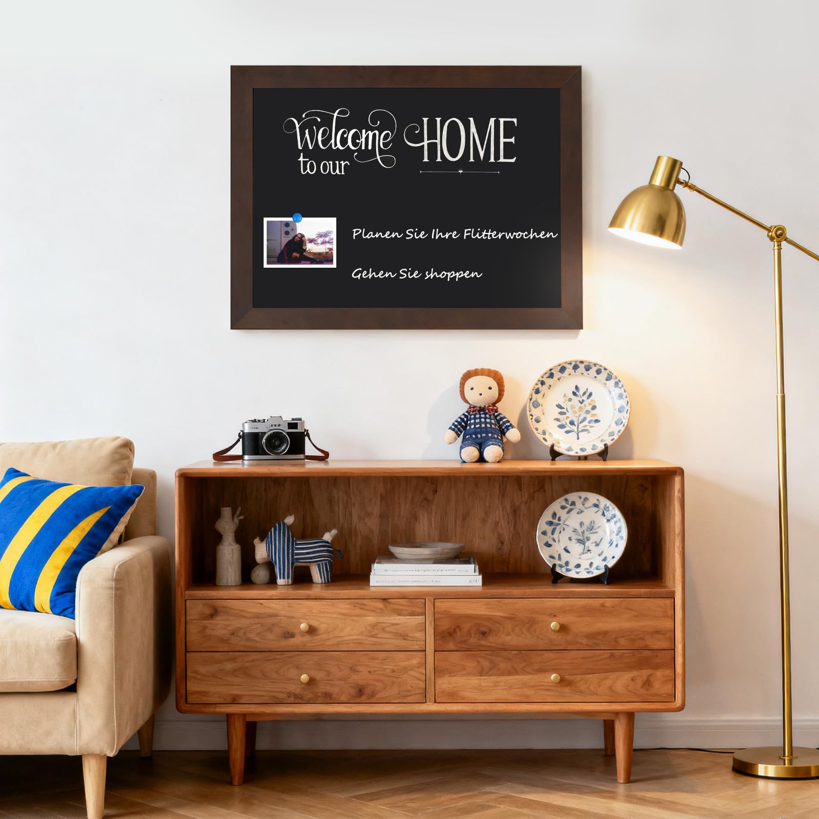 DOLLAR BOSS Magnetische Kreidetafel 60x45cm, Magnettafel Schwarz Blackboard | Rahmen aus massivem Kiefernholz, Wandtafel Kreidetafel zum aufhängen Magnetwand für Küche Bar Café und Büro, Braun