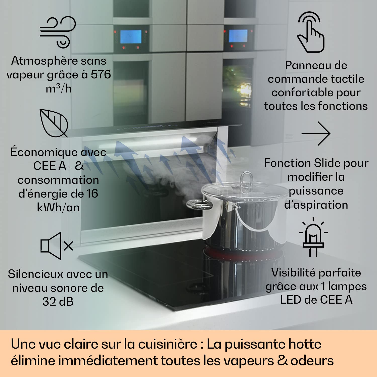 Klarstein Royal Flush Eco Hotte Aspirante 60cm - Cee A++, 604 M³/H, Faible Niveau Sonore 51 dB, Touch-To-Slide, Éclairage Led, Acier Inoxydable & Verre, Hotte Encastrable Plan De Travail