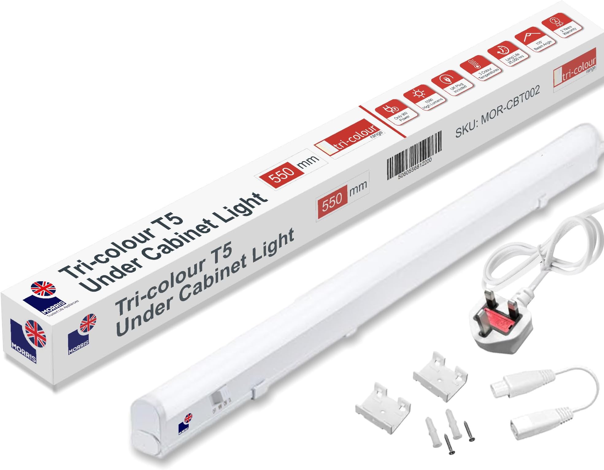 Morris LED Under Cabinet Light Linkable 3 Colours in 1 3000k/4000k/6500k Kitchen Light - UK Plug Included - 288mm, 550mm, 850mm,1150mm (550mm, 1Pack)
