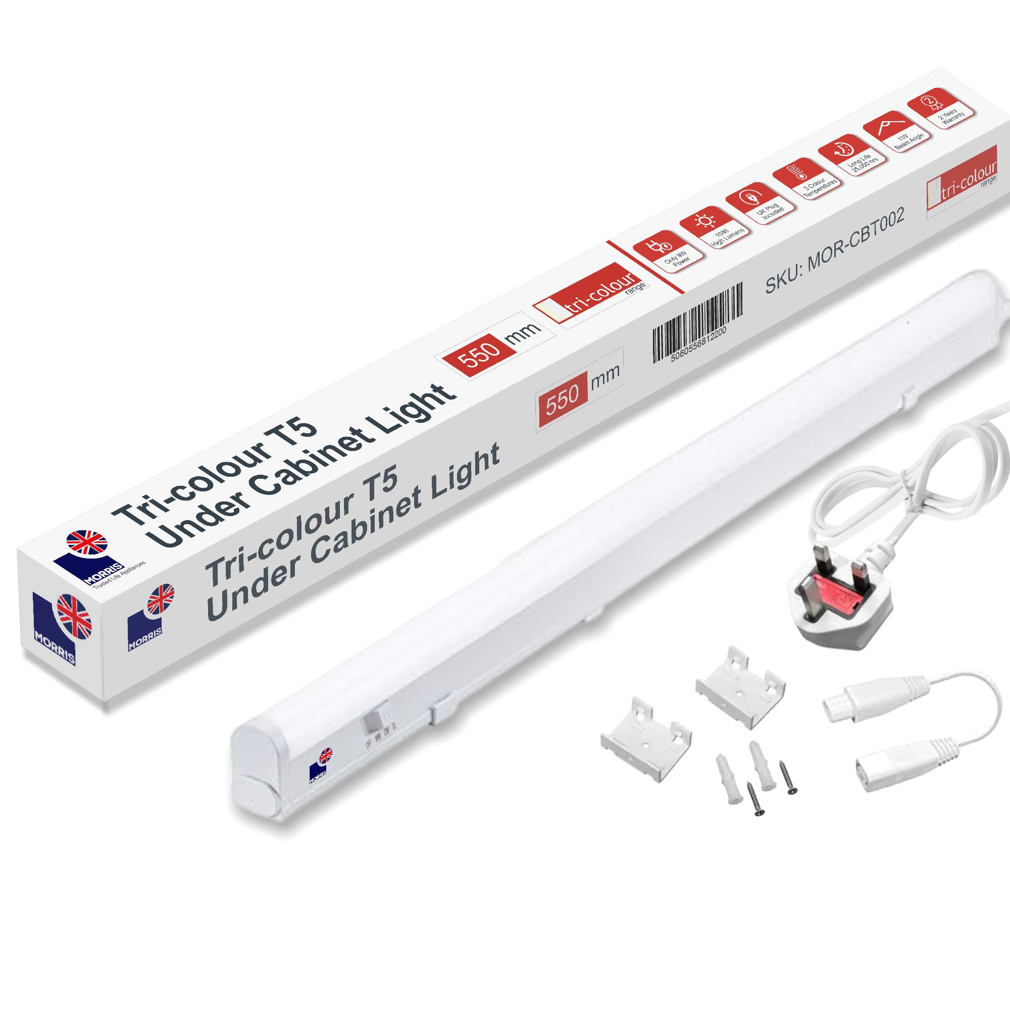 Morris LED Under Cabinet Light Linkable 3 Colours in 1 3000k/4000k/6500k Kitchen Light - UK Plug Included - 288mm, 550mm, 850mm,1150mm (550mm, 1Pack)