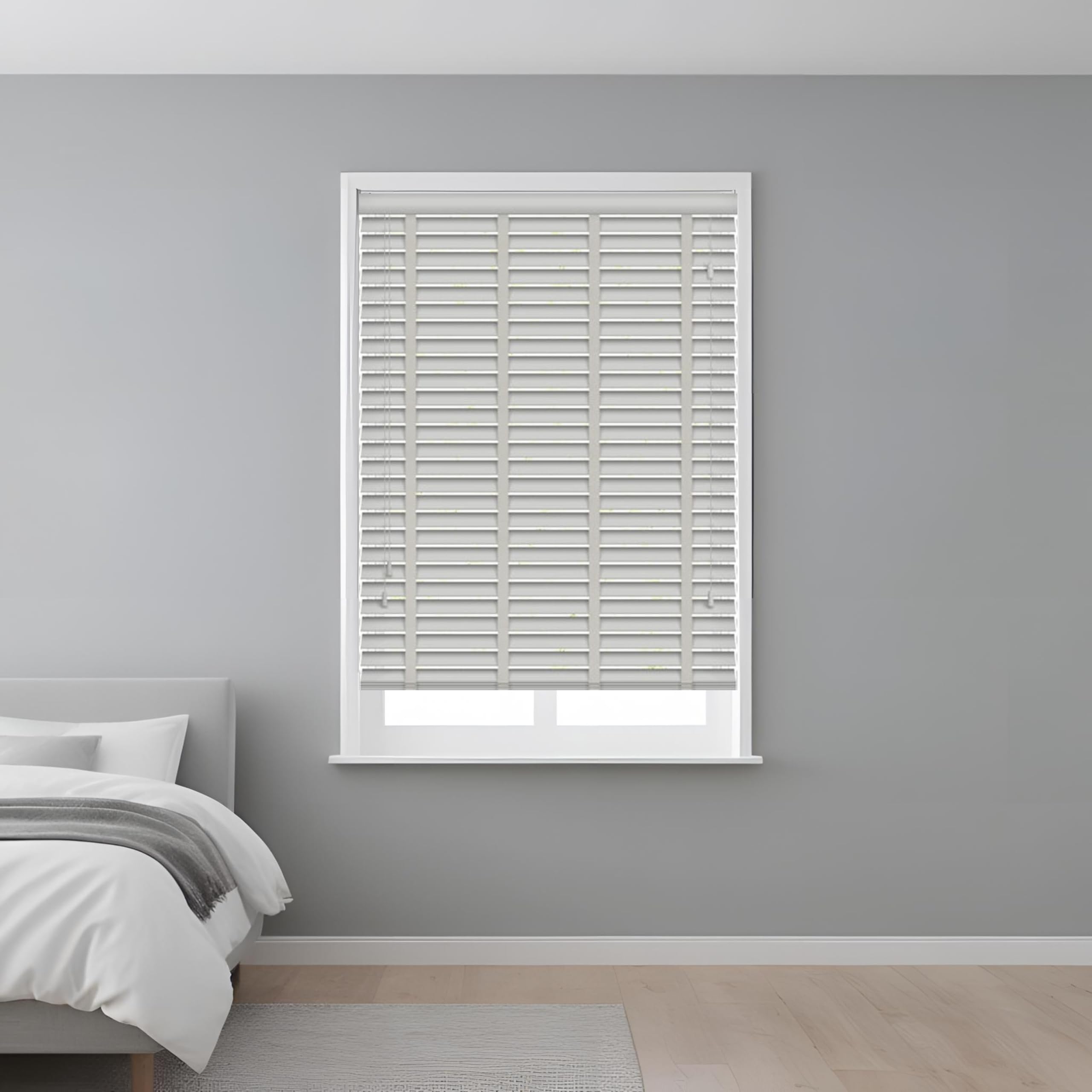 J.Din Custom Made to Measure Faux Wood Blind 50mm Horizontal Slats Window Venetian Blinds, Easy Fit & Child Safe (Grey Tape, 225cm Width x 213 cm Drop)