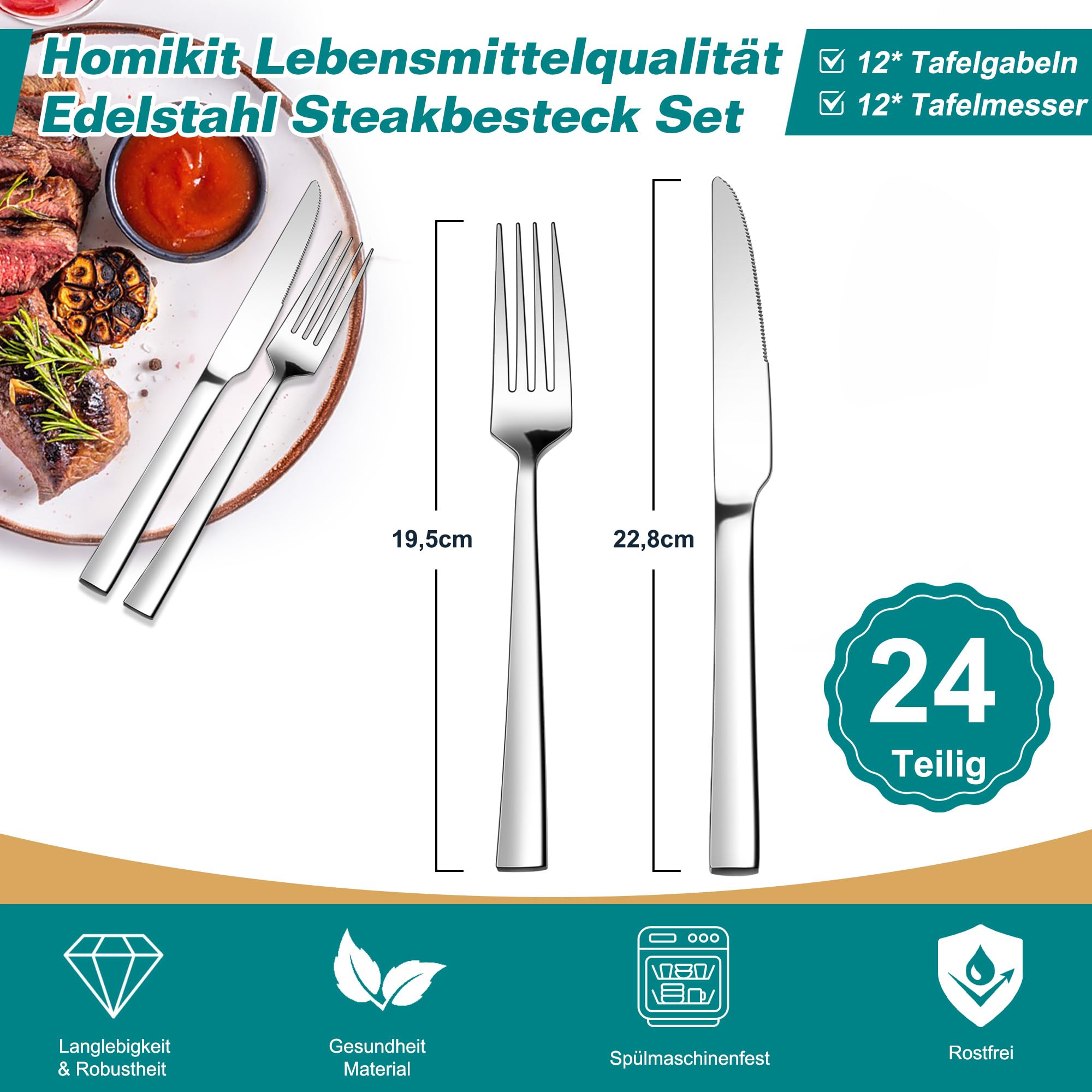 Homikit Steakbesteck Set, 24-teilig Edelstahl Steakmesser und Steakgabel, Steakbesteck Set für 12 Personen, Silber Besteckset mit Quadrat Griff für Haus Restaurant Hotel, Rostfreie & Spülmaschinenfest