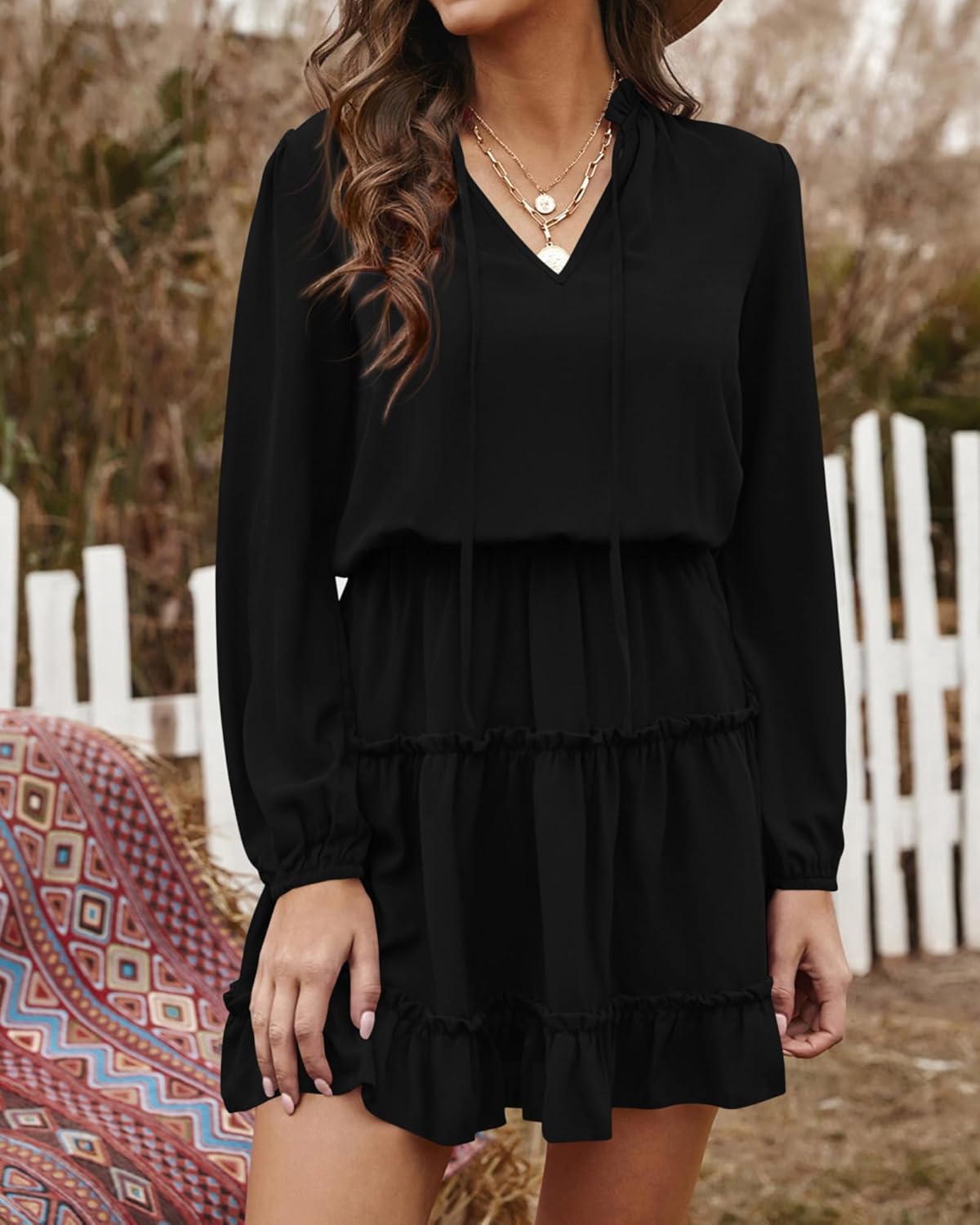 BTFBM Long Sleeve Fall Dresses for Women 2026 Summer Casual Tie Neck Ruffle Tiered A Line Wedding Guest Short Mini Dress - Image 4