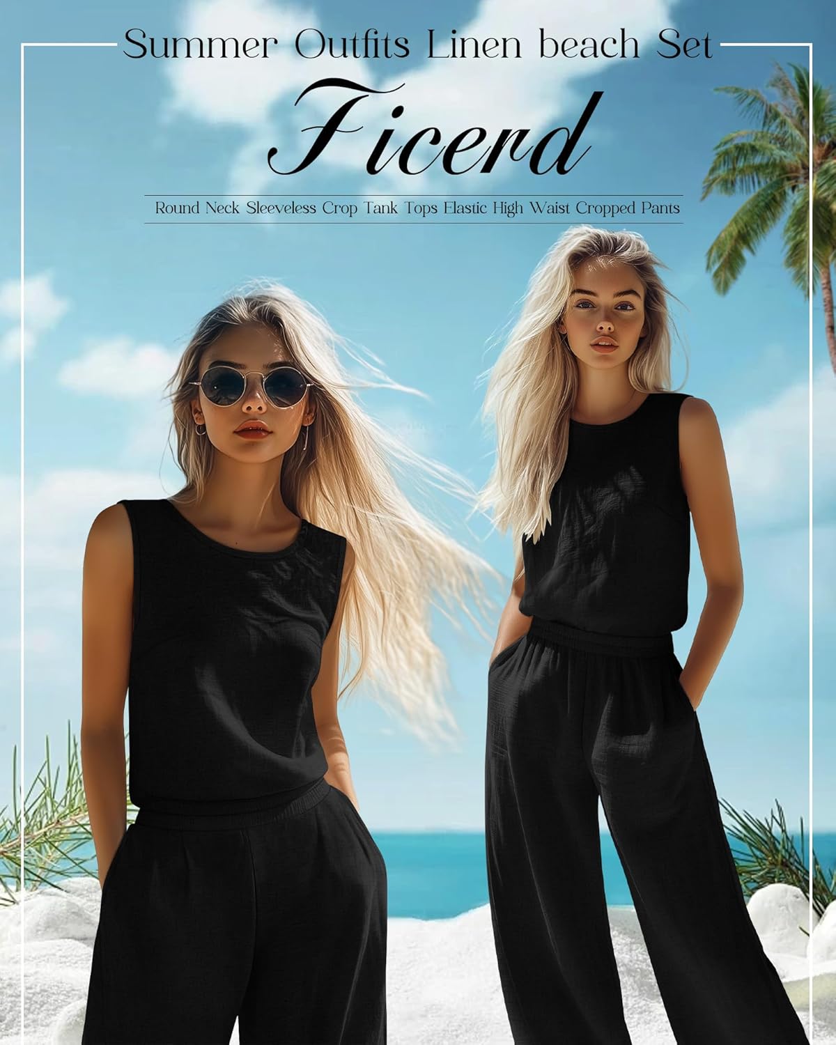 Ficerd Women 2 Piece Summer Outfits Linen beach Set Round Neck Sleeveless Crop Tank Tops Elastic High Waist Cropped Pants(Black,Medium) - Image 3
