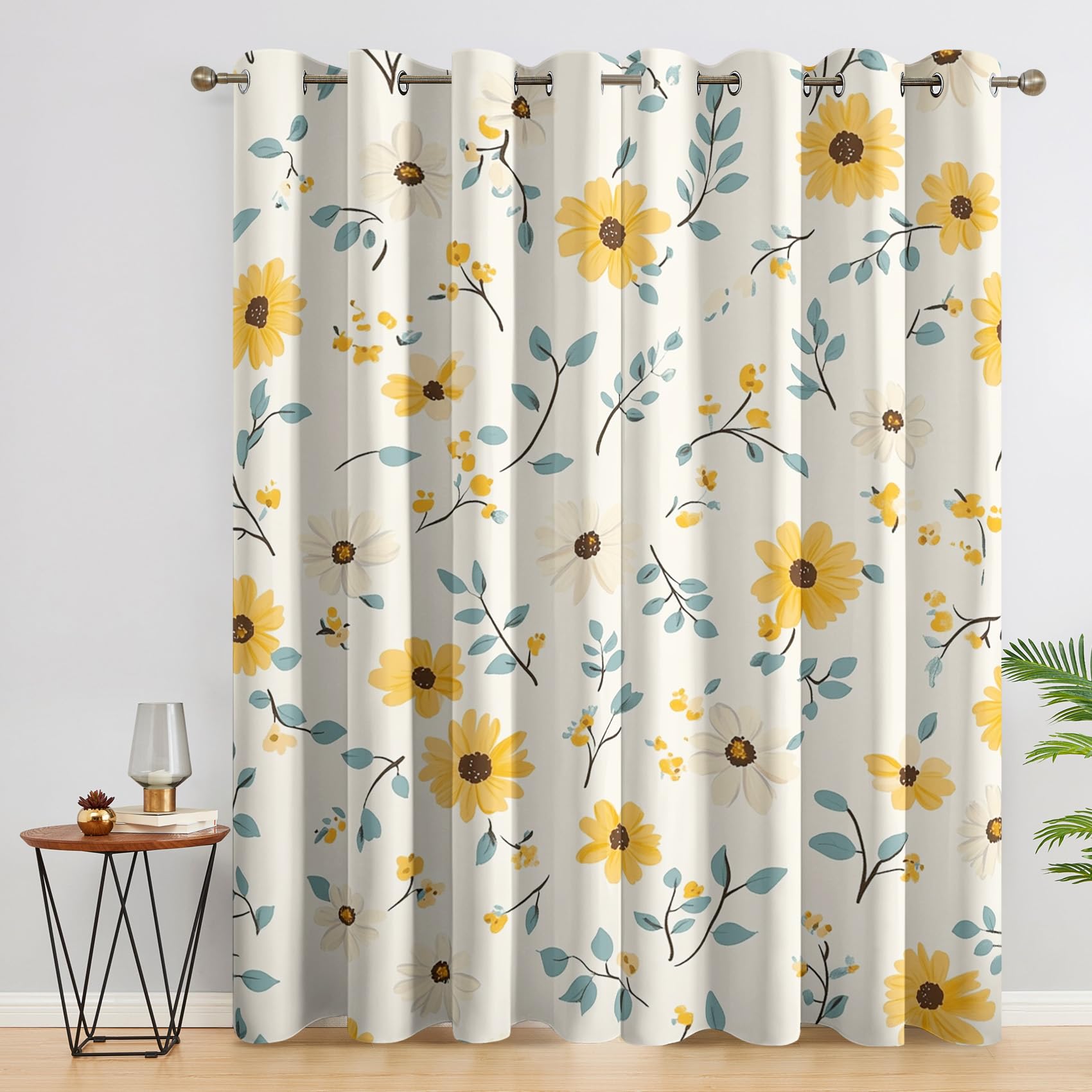Daisy Curtains Bedroom, 52 x 63 - Floral Botanical Blackout Curtains & Decor, Living Room, Eyelet Patterned Window Drapes, 63 Inch Drop 2 Panels （HEW198）