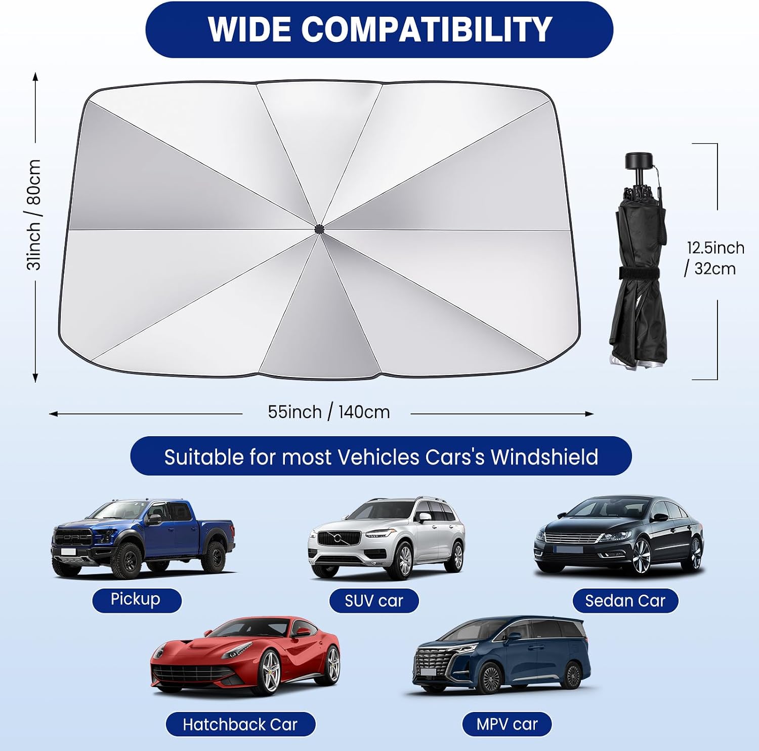 Windshield Sun Shade Umbrella, 55" x 31" Car Sun Shade Windshield Cover, Foldable Car Front Window Protector for Cars, SUVs, Hatchback