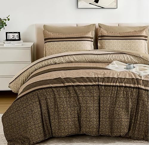 WONGS BEDDING Brown 7 Piece Comforter Set California King Size Bed Set