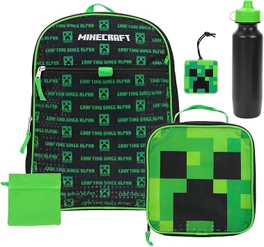BIOWORLD Boys Minecraft Creeper Youth 5 Piece Backpack Set Green One Size