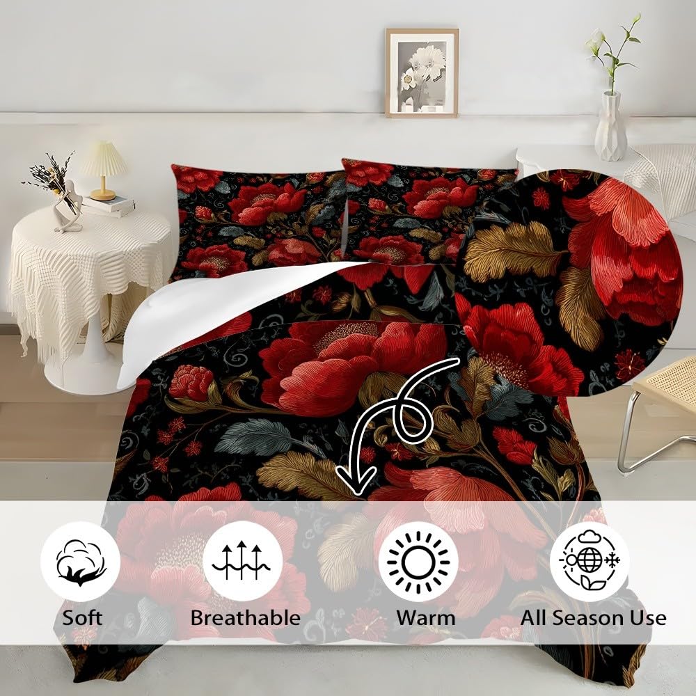 Pościel 240 x 220 cm, tradycyjna pościel w stylu vintage, 100% mikrofibra, nie wymaga prasowania, nie gniecie się, można prać w pralce, czerwona, dwustronna, z poszewką na poduszkę 80 x 80 cm