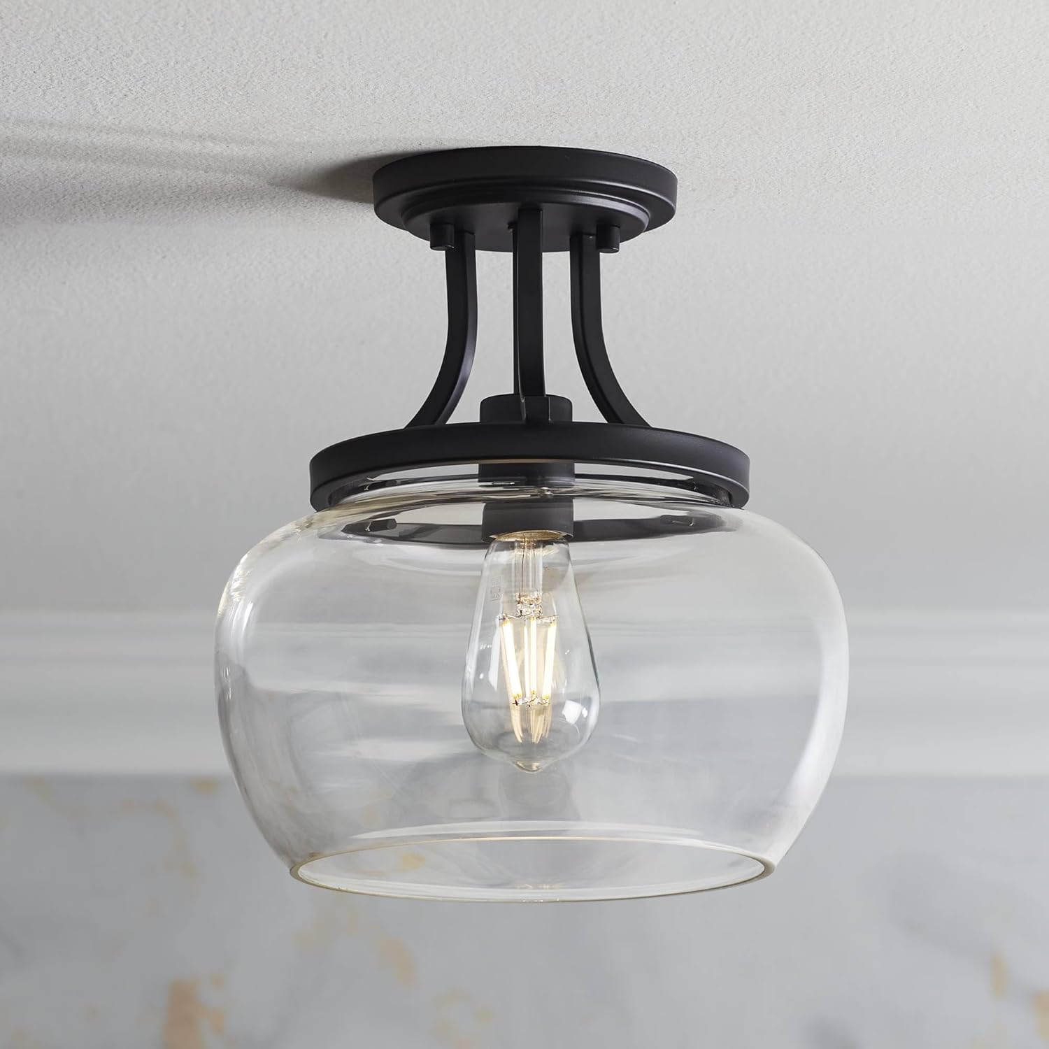 Regency Hill Kristov Industrial Rustic Farmhouse Ceiling Light Semi Flush-Mount Fixture 10 1/4" Wide Black Curved Clear Glass Shade for Bedroom Kitchen Living Room Hallway Dining Bathroom