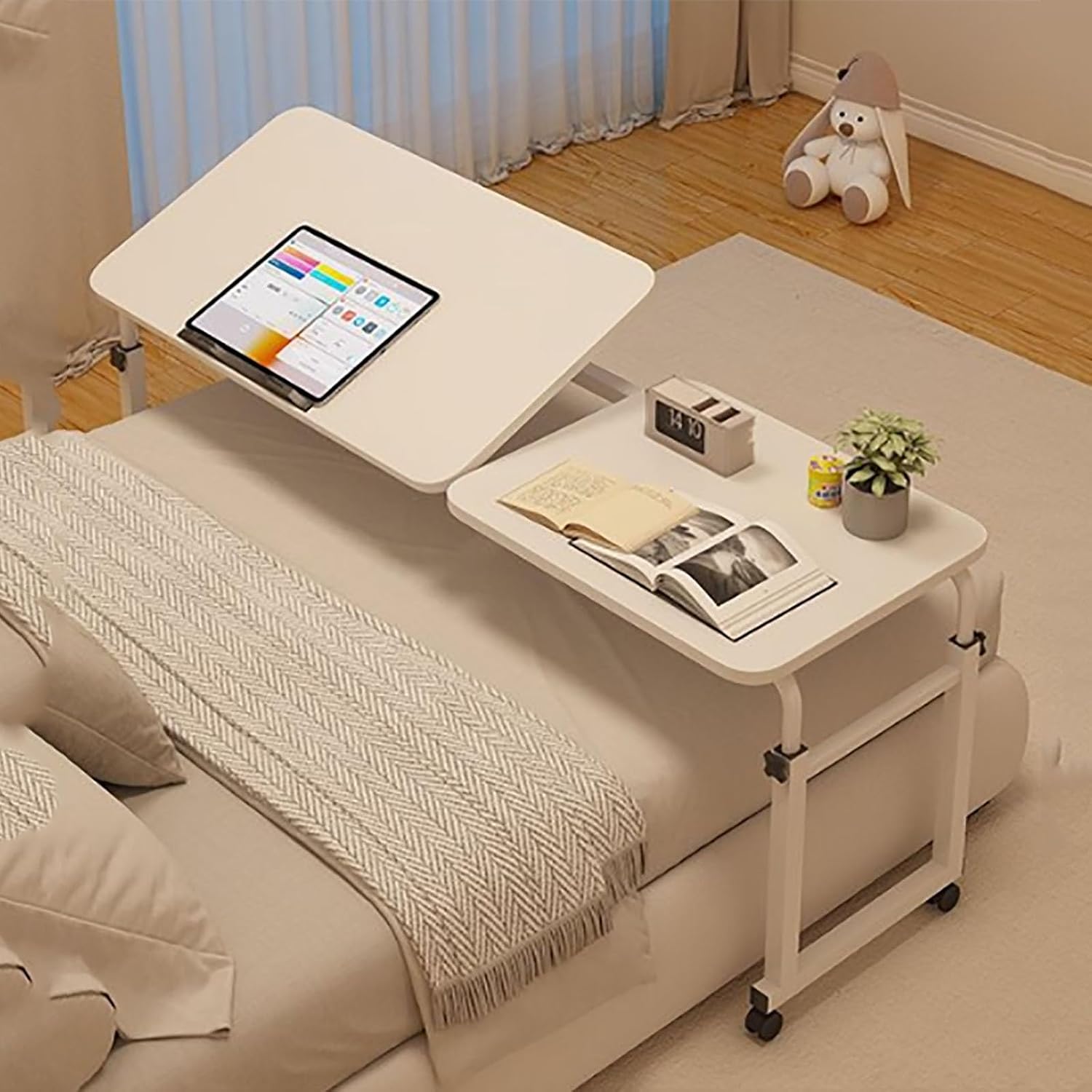 Adjustable Height Overbed Table with Wheels for Eating Mobile Computer Desk and Bedside Table