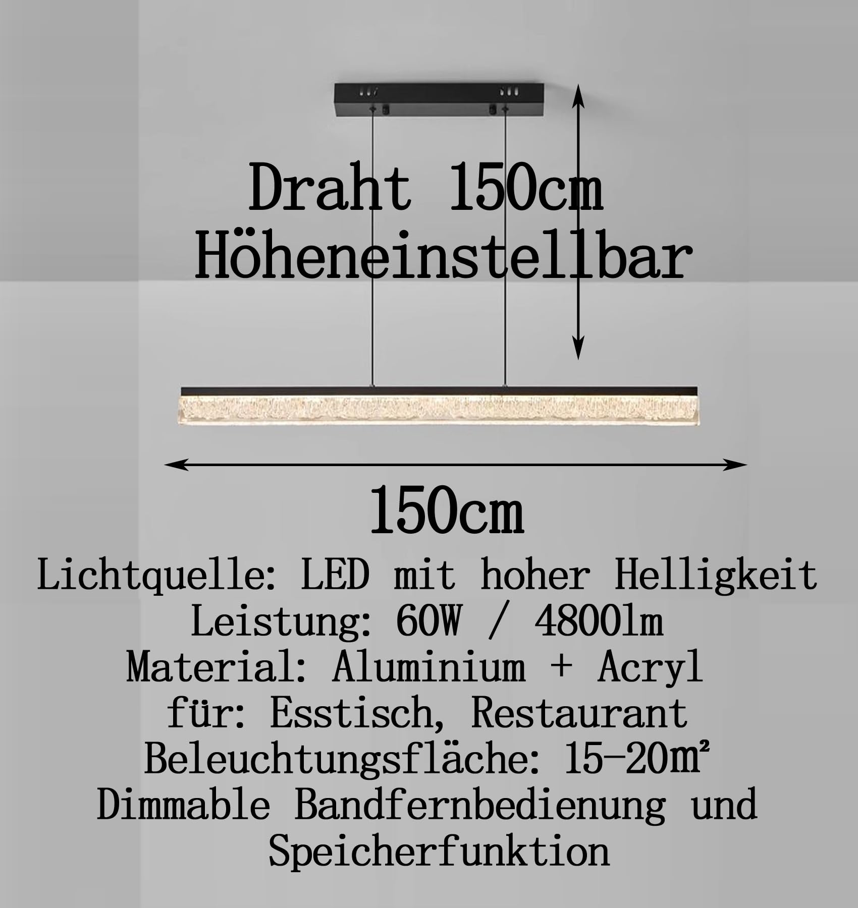 150cm Moderne LED Pendelleuchte esszimmer dimmbar hängelampe esstisch schwarz,Linear design hängeleuchte mit Fernbedienung,Esszimmerlampe hängend Höhenverstellbar Esstischlampe,Bürolampe (150cm/60w)