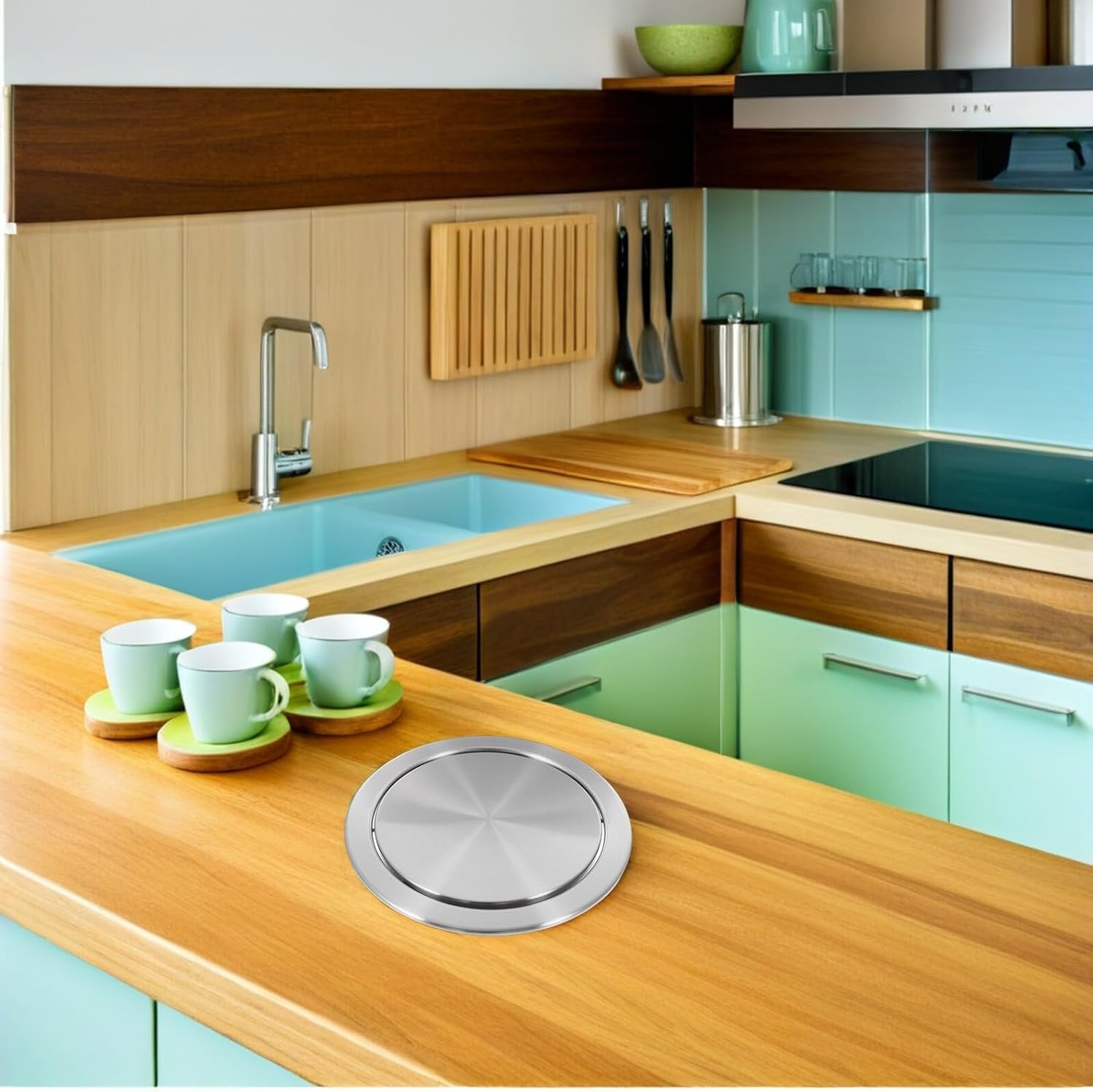 VICASKY 2pcs Stainless Steel Recessed Trash Can Lid Swing Flap Cover for Kitchen Bathroom Countertop Built-in Garbage Bin