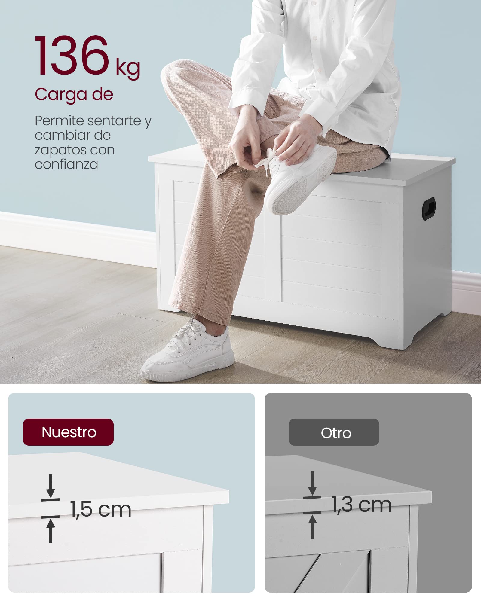 VASAGLE Puff Almacenaje, Banco Almacenaje con 2 Bisagras de Seguridad, Banco Zapatero, Estilo de Campo, 40 x 80 x 46 cm, para Pasillo Dormitorio Salón, Blanco Nube LSB063T14