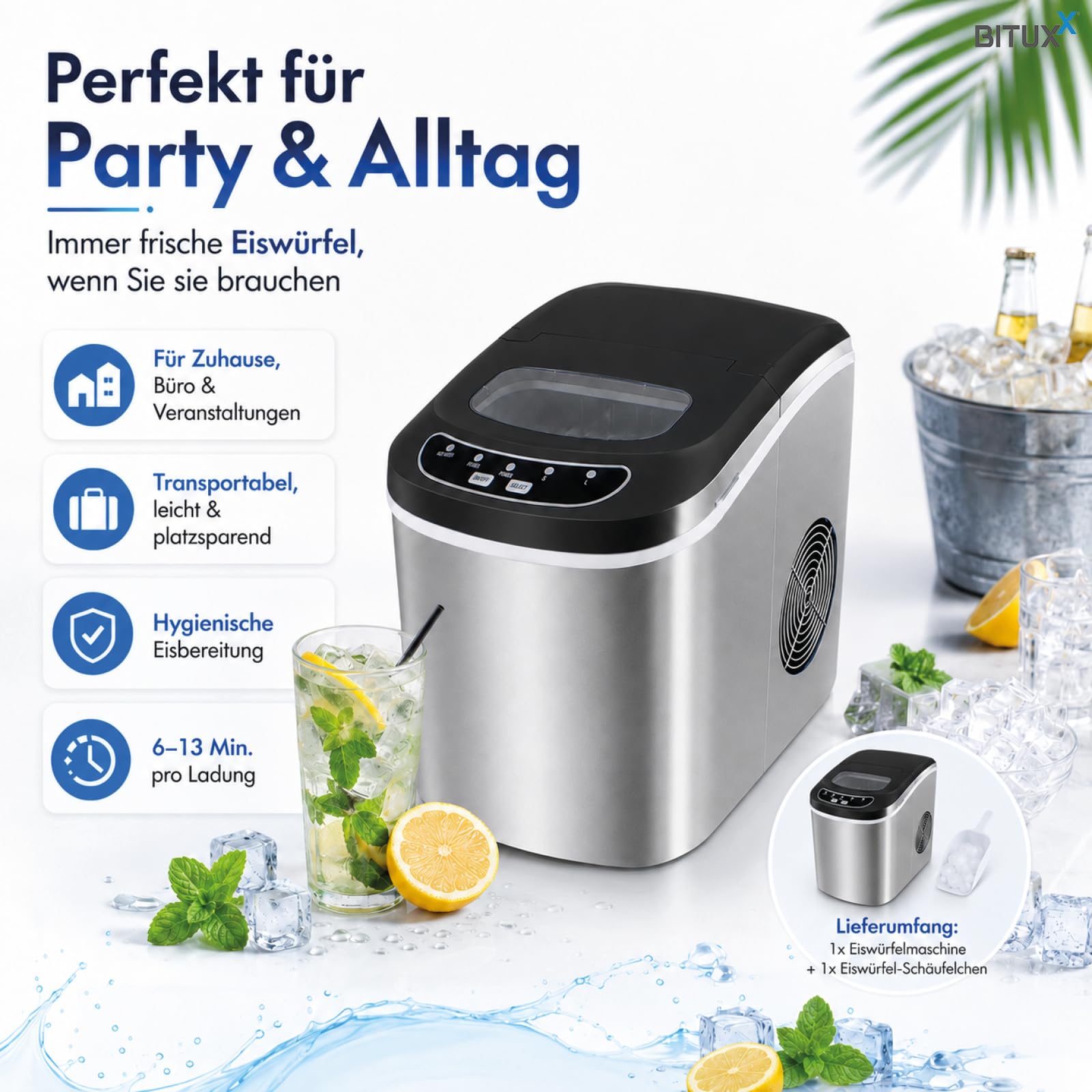 Eiswürfelmaschine Eiswürfelbereiter Eiswürfel Ice Maker EIS Maschine Icemaker (Edel Stahl)