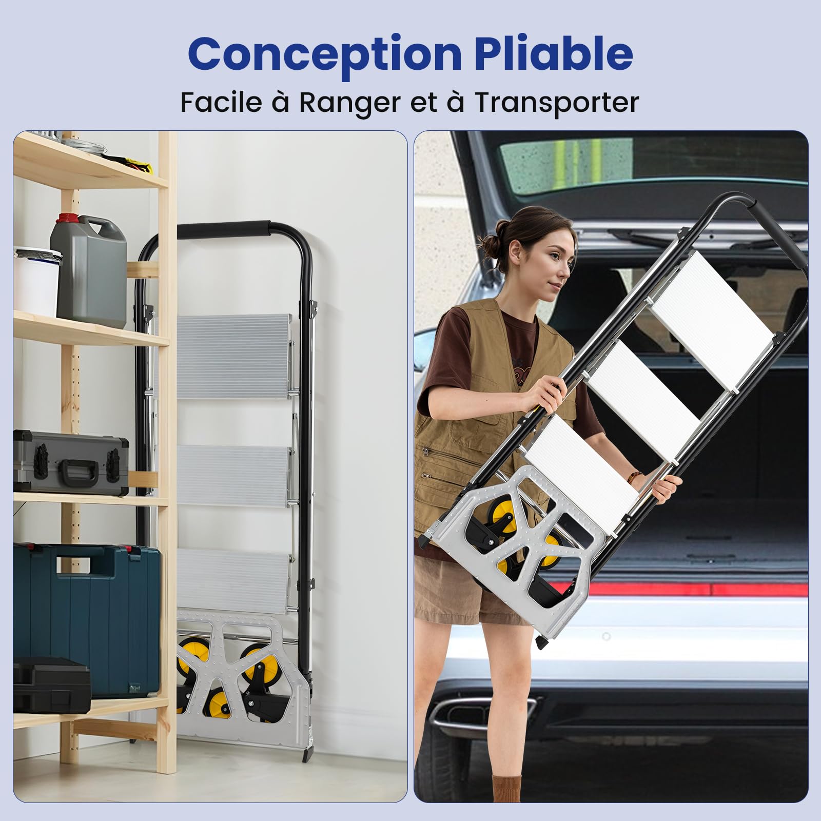 COSTWAY Diable Pliable et Échelle 2 en 1, Escabeau en Aluminium à 3 Marches avec Pédales Antidérapantes, Chariot Portable avec Roues en Caoutchouc pour Maison, Entrepôt, Bureau, Charge 250 kg