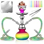 2 Hose Hookah Set 11\'\' Small Shisha Hookah Set With Mini Pumpkin Glass Vase, Ceramic Bowl, Leather Hose, Coal Tong, Hookah Foil, Disposable Tips (Colorful)
