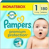 Pampers Confezione da 180 pannolini per bambini, taglia 1 (2-5 kg), protezione premium, Newborn, halBMONATSBOX, comfort e protezione per pelli sensibili - 1