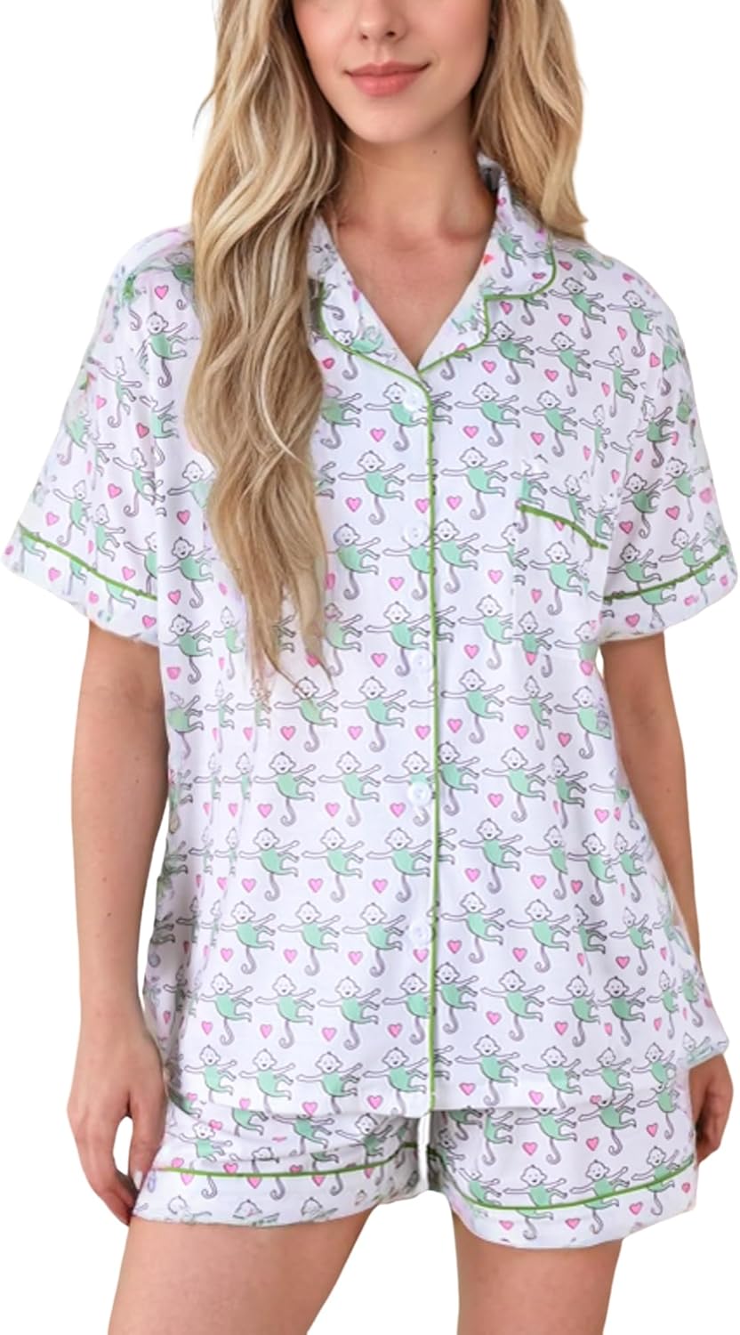 Women Y2k Pajamas Set Cute Preppy 2PCS Button Down Holiday Monkey Shorts Summer Outfit Beach Vacation Loungewear Pjs