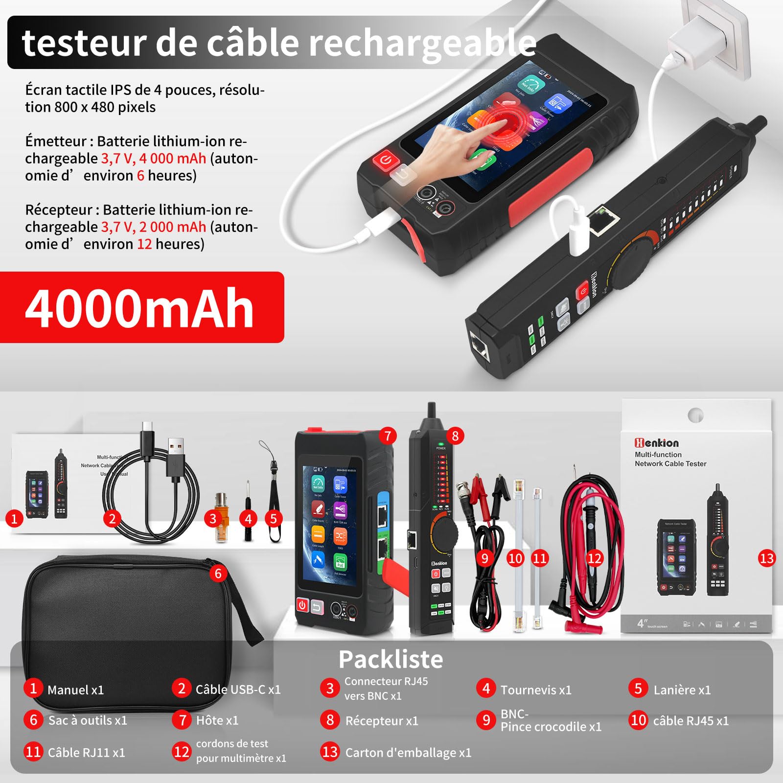 Henkion Testeur Câble Réseau RJ45 Professionnel Écran IPS 4", Ethernet Tester Rechargeable, Outils Réseau, Détection POE++, Digital Multi-Meter, OPM, Mesureur de Longueur Câble, TDR, NCV, LEVEL METER