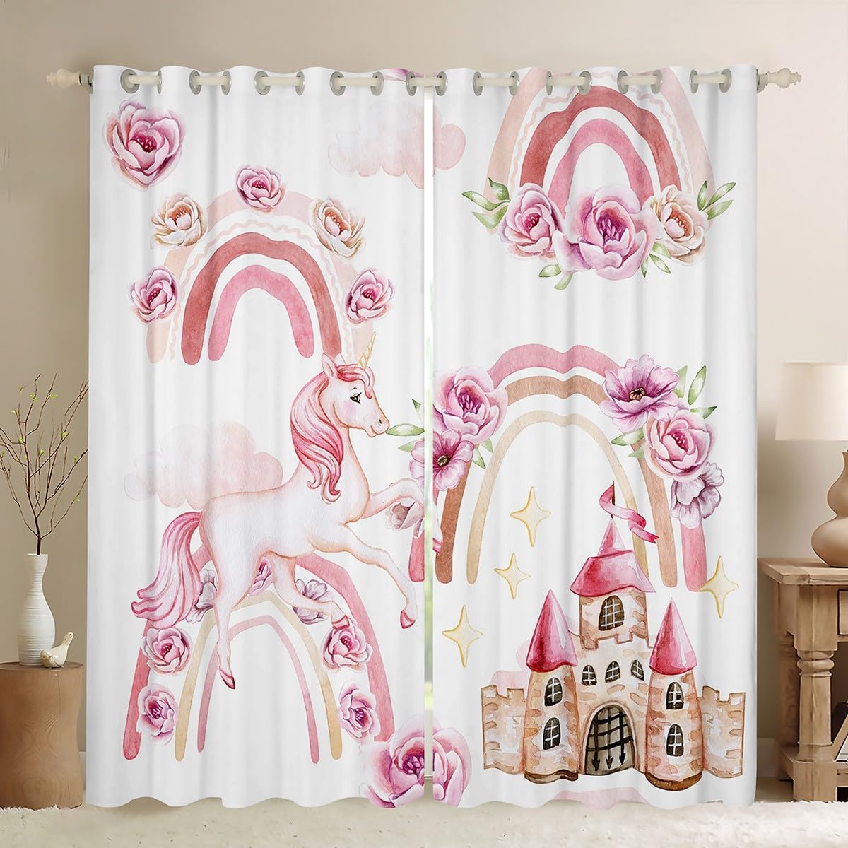 Tende Per Finestre Bambini Con Stampa Principessa, Unicorno E Ballerina - Set Di 2 Pannelli Con Occhielli, Poliestere