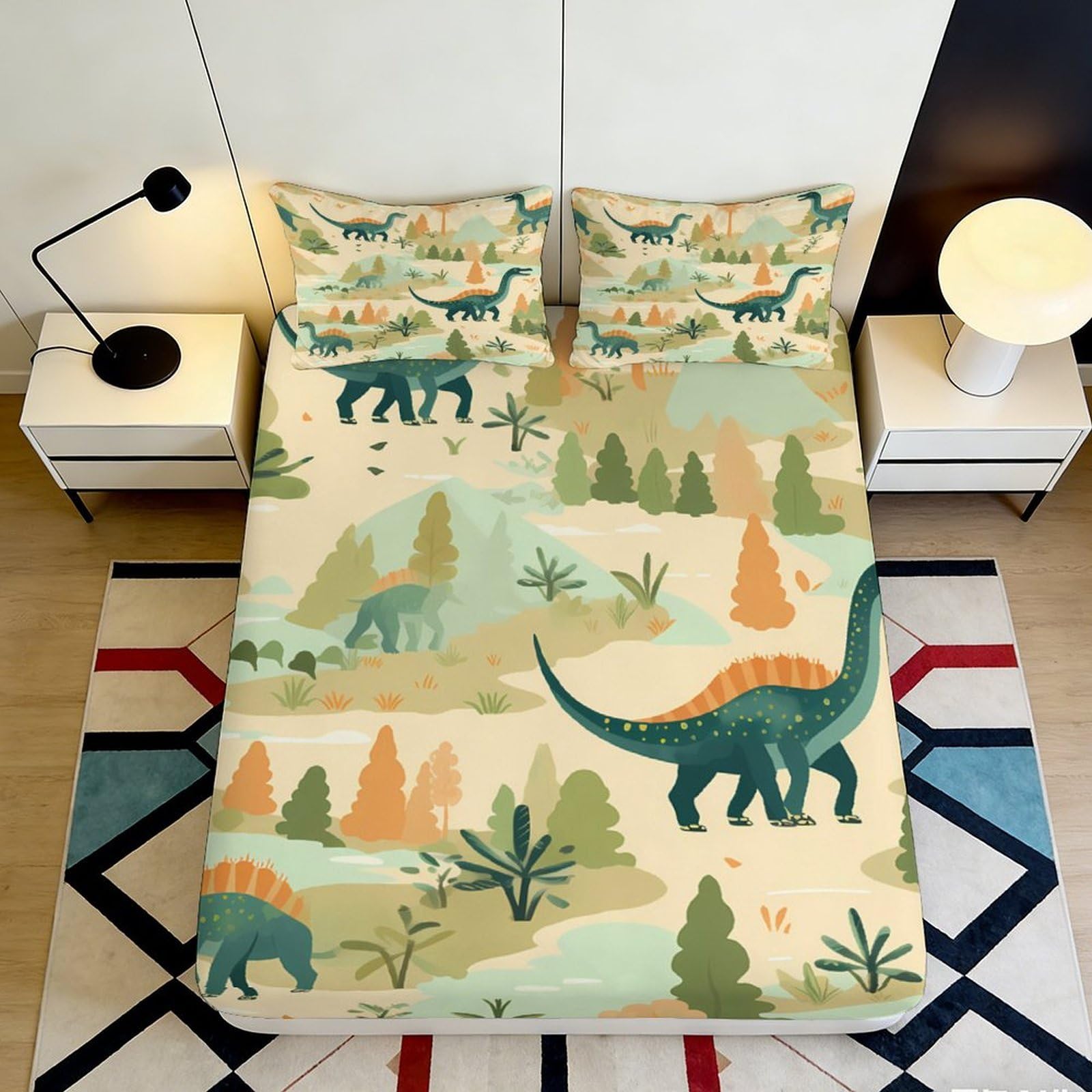 3D Printed Dinosaur Pattern Fitted Sheet Microfiber Soft Breathable Prehistoric Landscape Bed Cover for Bedroom Dormitory Guest Room Mattress Protection 160x200x25cm