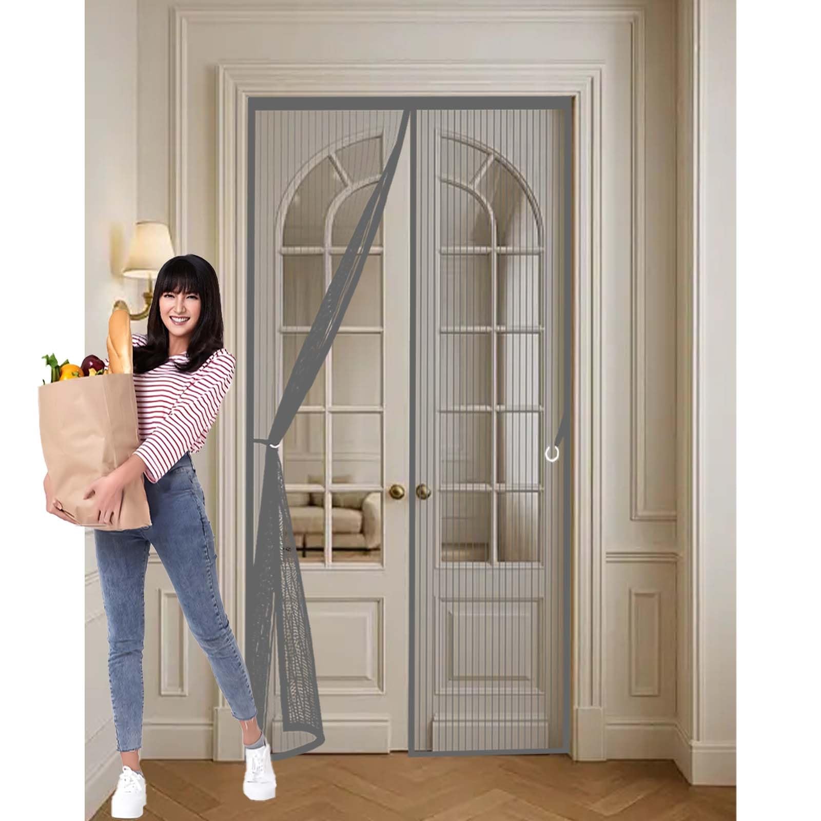 Feijdon Grey Fly Screens For Doors 133X222cm(Widthxhigh) Powerful Magnets And Full Frame Magic Tape, No Drill Installation Mosquito Proof Door Curtains Hundreds Of Sizes, Lets Fresh Air In,