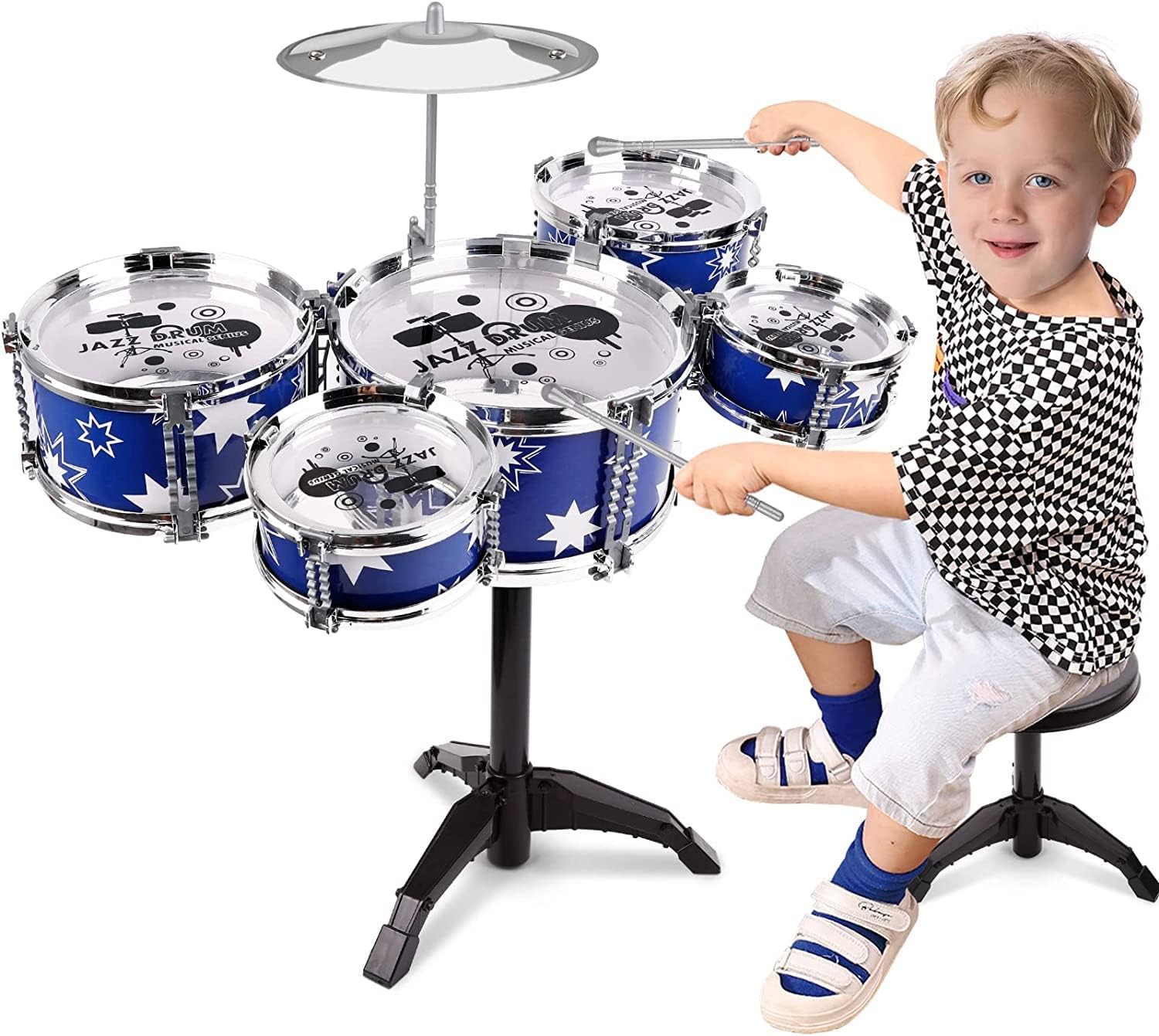 COOLBABY Drum Set for Kids Jazz Drum Kit Toddler Drum Set with Stool