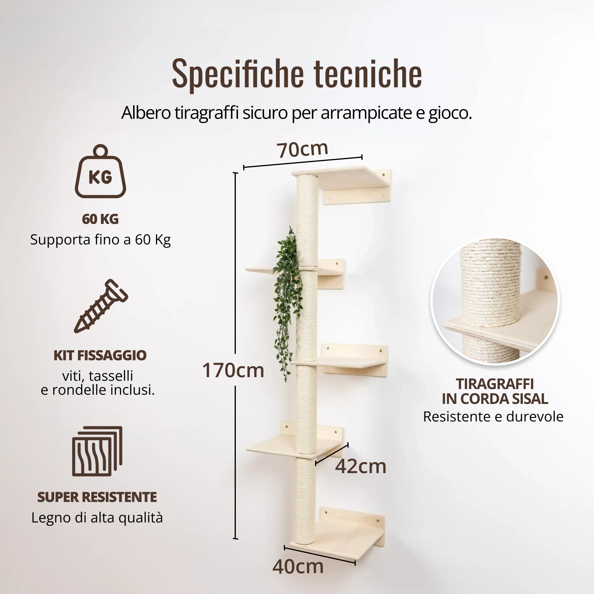 Albero Tiragraffi per Gatti in Legno D'abete PEFC Fatto a Mano, con Ampie Mensole per Gatti, Tiragraffi Verticale in Corda Sisal per Arrampicare, Graffiare, Giocare, Fino a 20kg, Percorsopergatti