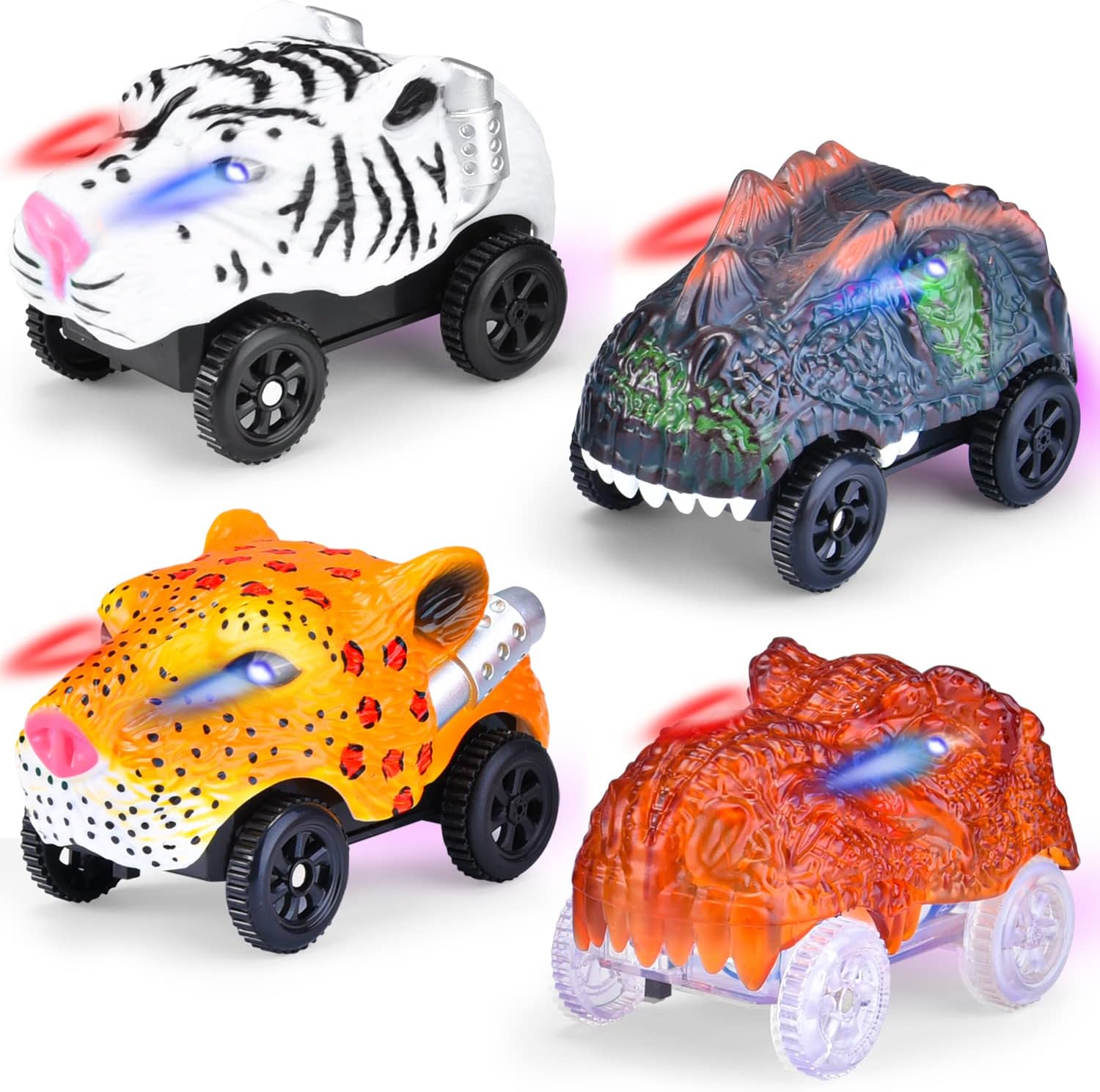 Tyhbelle Magic Tracks Racing Car Only Replacement,Light Up Race Tracks Cars with 3 Flashing LED Lights, Dinosaur Track Accessories for Boys and Girls,4 Pack