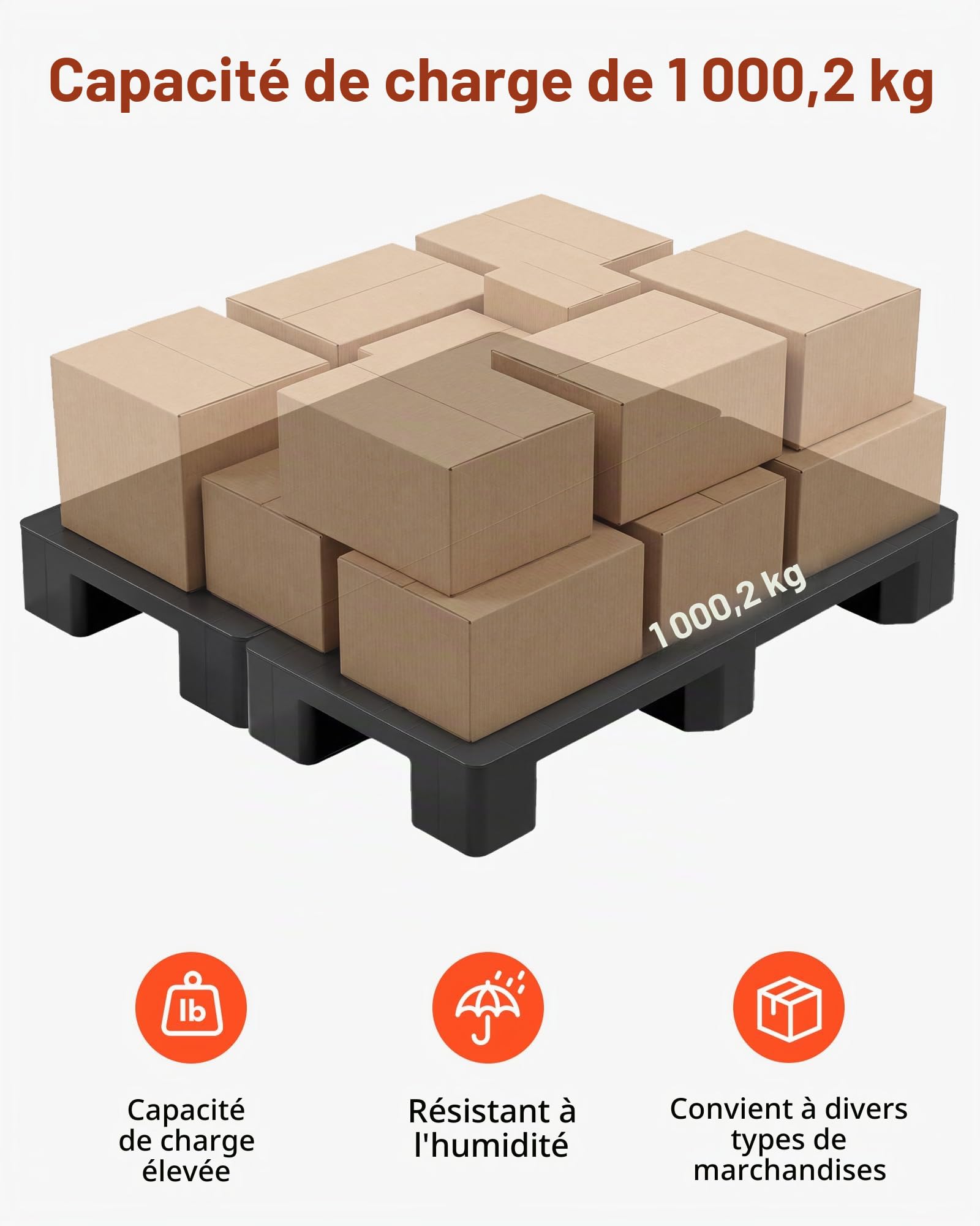 VEVOR Palettes en Plastique Lot de 2, Palettes de Sol avec Pieds de Support, Résistantes à l'Humidité, Capacité de Charge jusqu'à 1000 kg, pour Sous-Sol, Supermarché et Entrepôt, 1000x500x136 mm, Noir