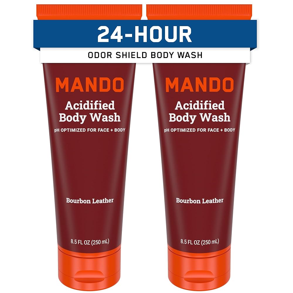 Mando Odor Shield Body Wash - 24 Hour Control - Removes Odor Better than Soap - SLS Free, Paraben Free, Skin Safe - 8.5 Ounce (Pack of 2) (Bourbon Leather)
