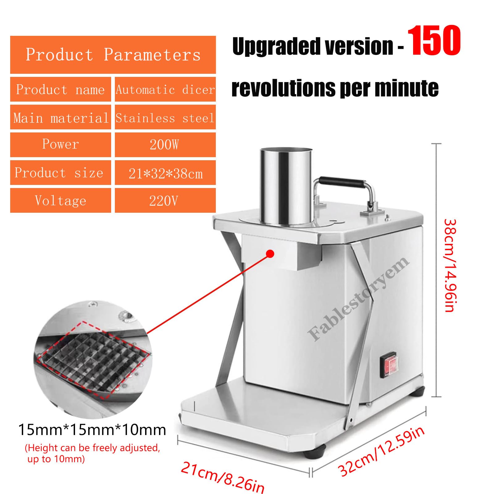 Cortadora Eléctrica de Frutas y Verduras, Cortadora de Verduras, Procesador de Alimentos Vegetal Profesional de 200W con Moldes para Cubos de 6mm/8mm/10mm/12mm/15mm,15mm