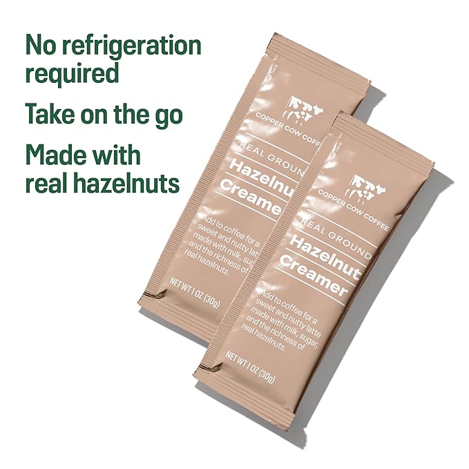 What exactly are Copper Cow Coffee Sweetened Hazelnut Milk Creamers? They are pre-filled packets containing sweetened condensed milk and natural hazelnut flavoring. These creamers offer a hassle-free way to add a delightful sweet and nutty taste to your coffee without the need for precise measurements or added sugar.
