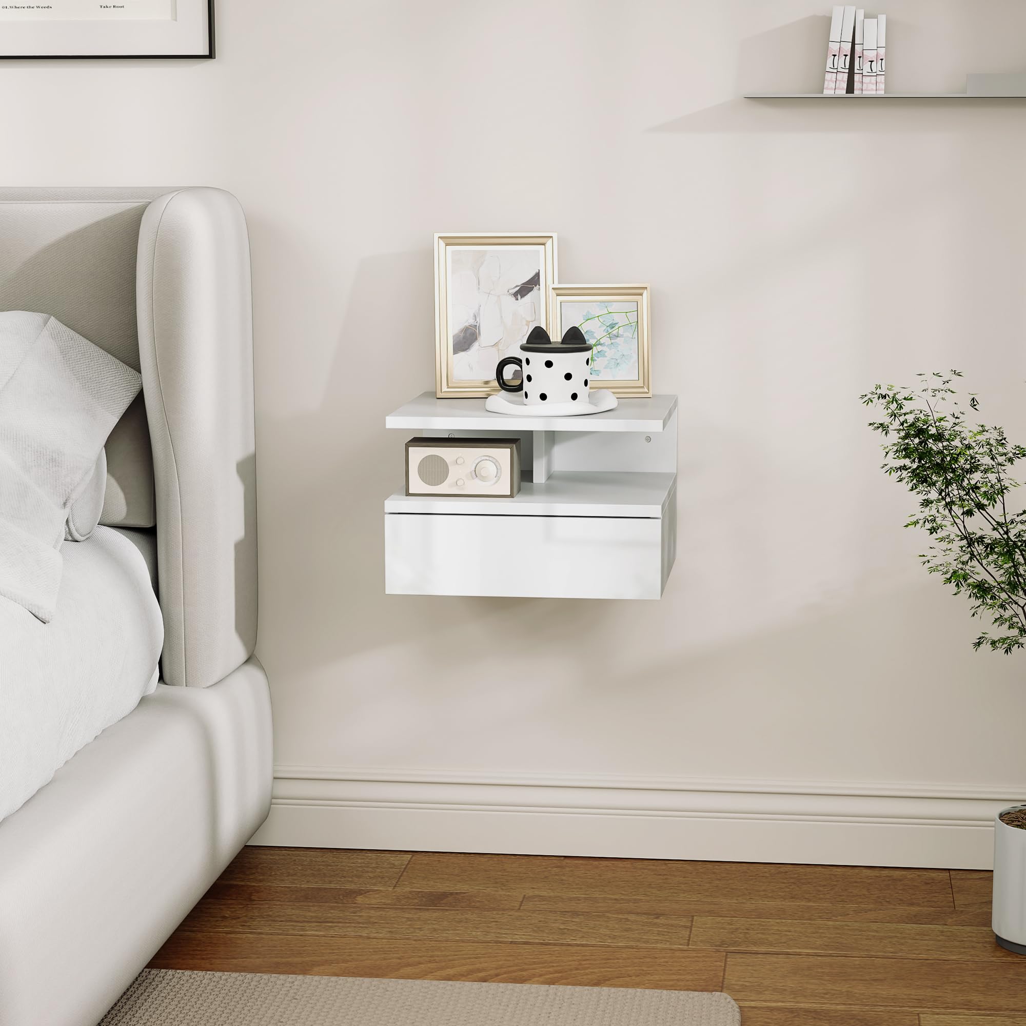 HOMCOM Comodino Sospeso per Camera da Letto con Cassetto e Ripiano Aperto, Comodino Moderno Salvaspazio in Legno, 35x32x22.5 cm, Bianco