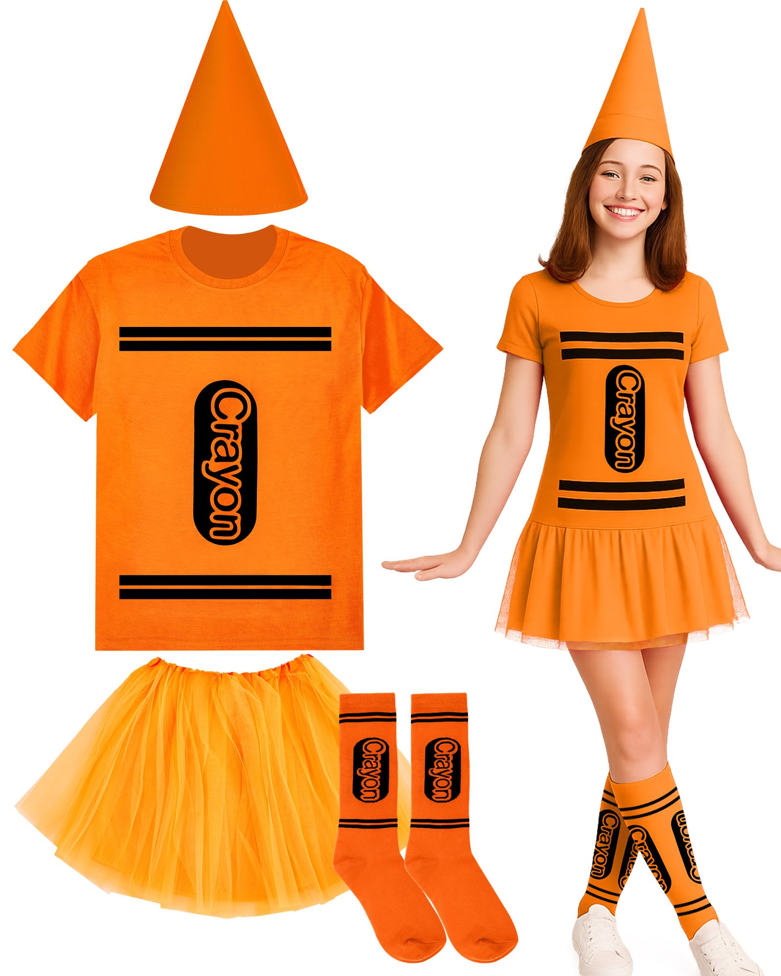 Coume Halloween Crayon Costume Set Crayon T Shirt Tutu Hat Sock Halloween Group Team Funny Shirt Tutu for Women Cosplay(Orange,XL)