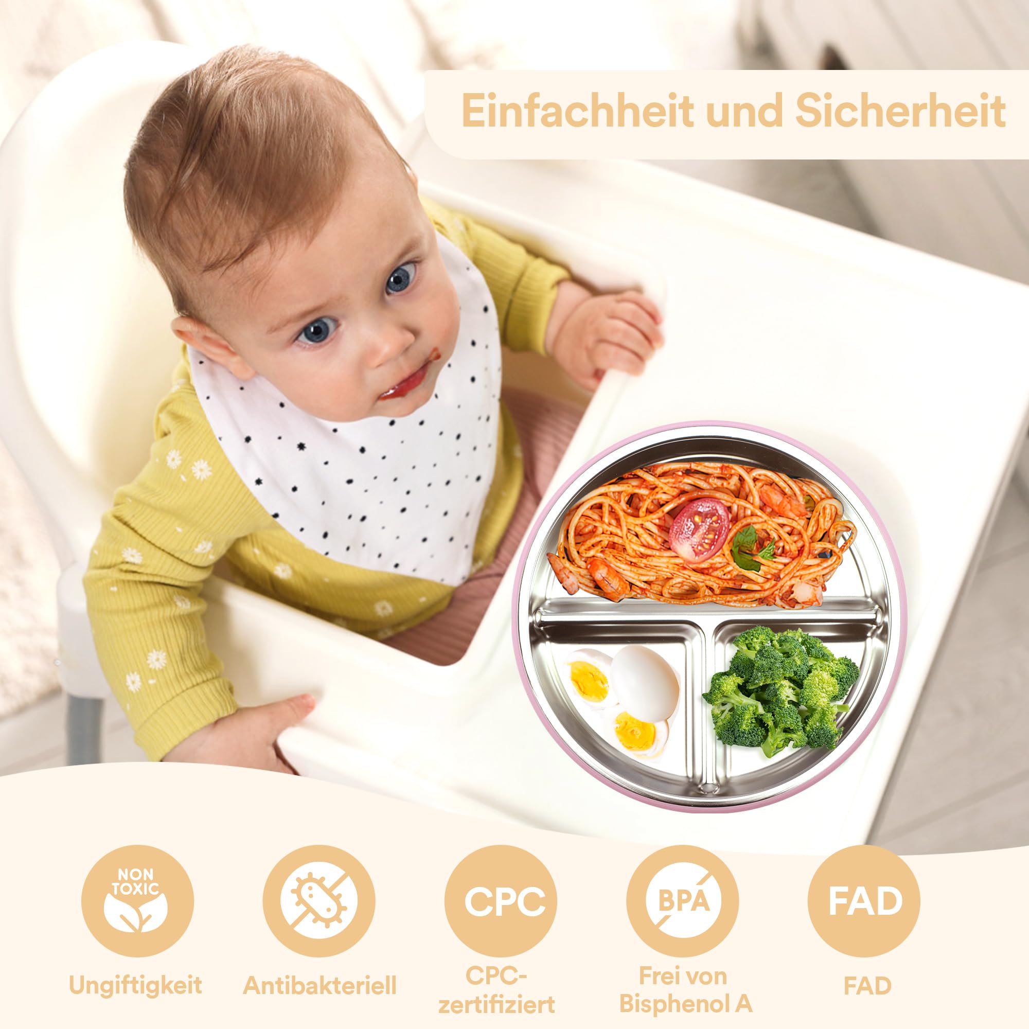 2 piatti per bambini in acciaio inox con ventosa, 22 cm, piatti per bambini con ventosa, senza BPA e con silicone rimovibile, piatti per bambini con suddivisione in acciaio inox antiscivolo