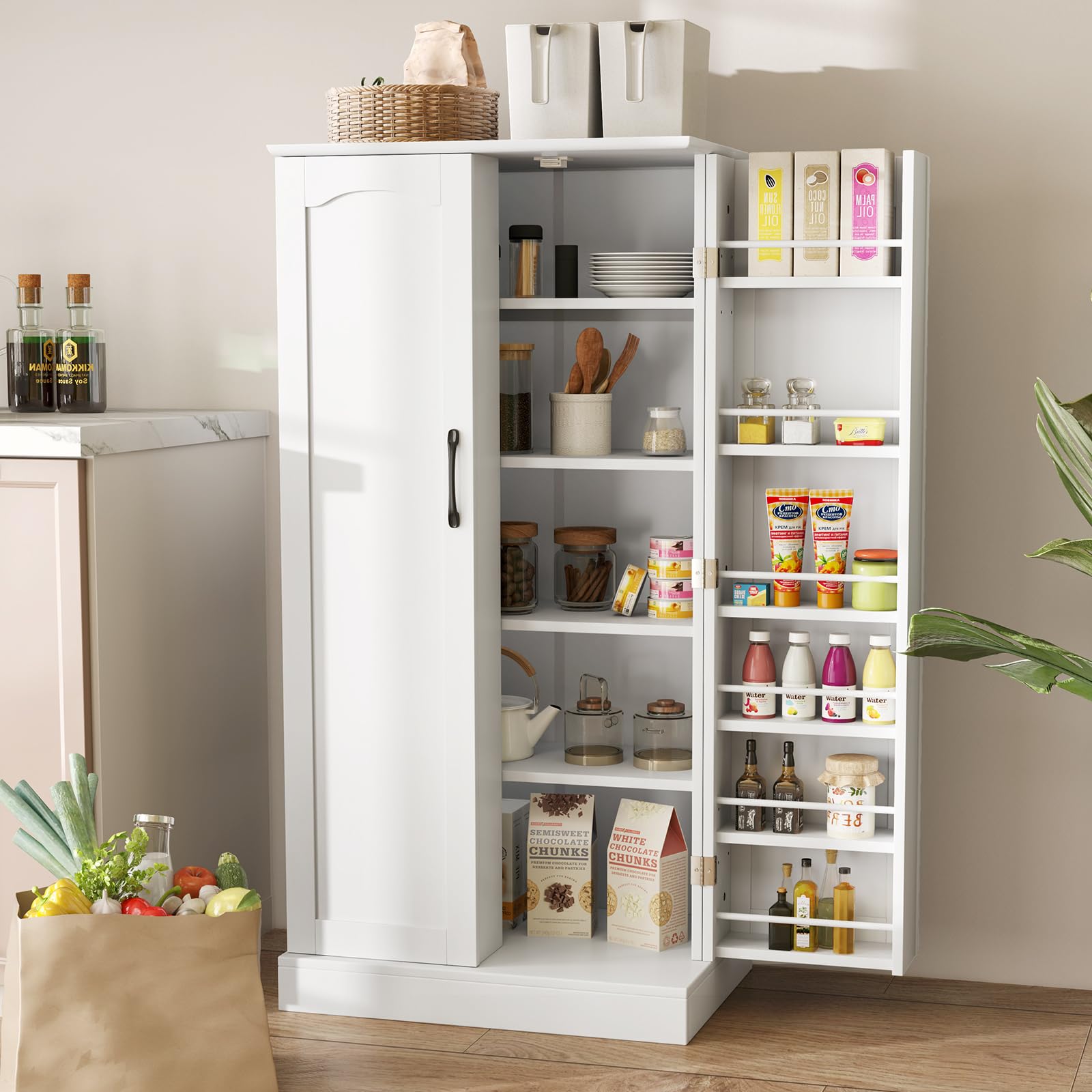 GIANTEX Buffet de Cuisine Moderne avec 2 Portes, 16 Étagères Réglables, Dispositif Anti-basculement, pour Salle à Manger, Salon (60 X 40 X 120 CM) (Blanc)