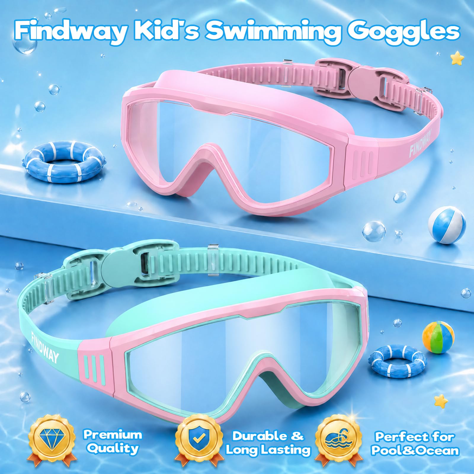 Findway Kids Swimming Goggles Unisex, 2 Pack Swimming Goggles Kids 4-16 Anti-fog Anti-leak Anti-UV 180° HD Vision - Image 8
