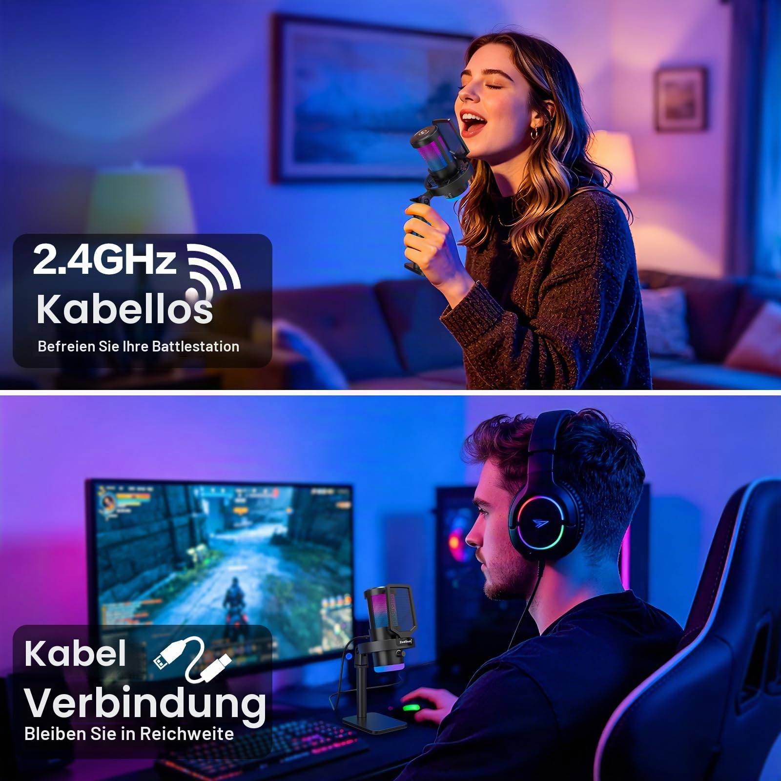 zealsound USB Mikrofon Kabellos, Gaming Mikrofon PC mit Rauschunterdrückung
