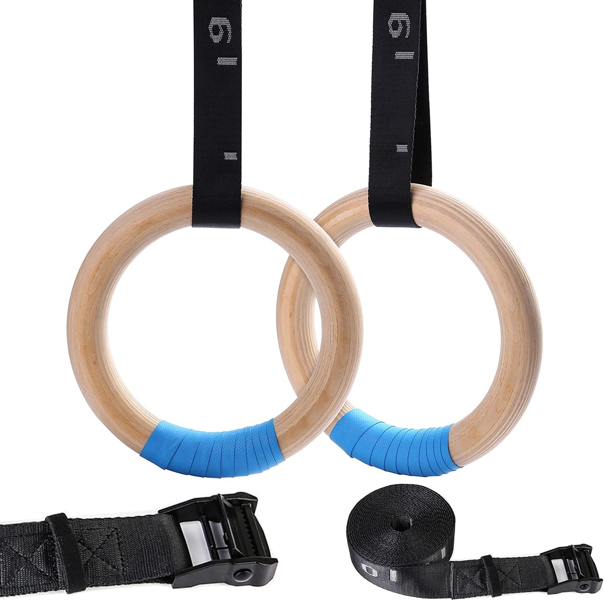 Anillos de gimnasia de madera con correas de entrenamiento de suspensión de números ajustables con hebilla de leva Anillos olímpicos de 15 pies 32/28 mm Servicio pesado 1543/992 lbs para barra de dominadas Ejercicio Gimnasio Anillos para colgar en interiores