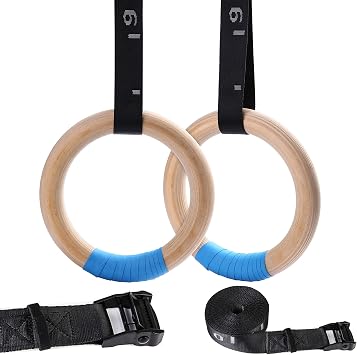 Wood Gymnastic Rings with Adjustable Number Suspension Trainer Straps with Cam Buckle 15ft Olympic Rings 32/28mm Heavy Duty 1543/992lbs for Pull Up Bar Workout Exercise Gym Hanging Rings Indoor